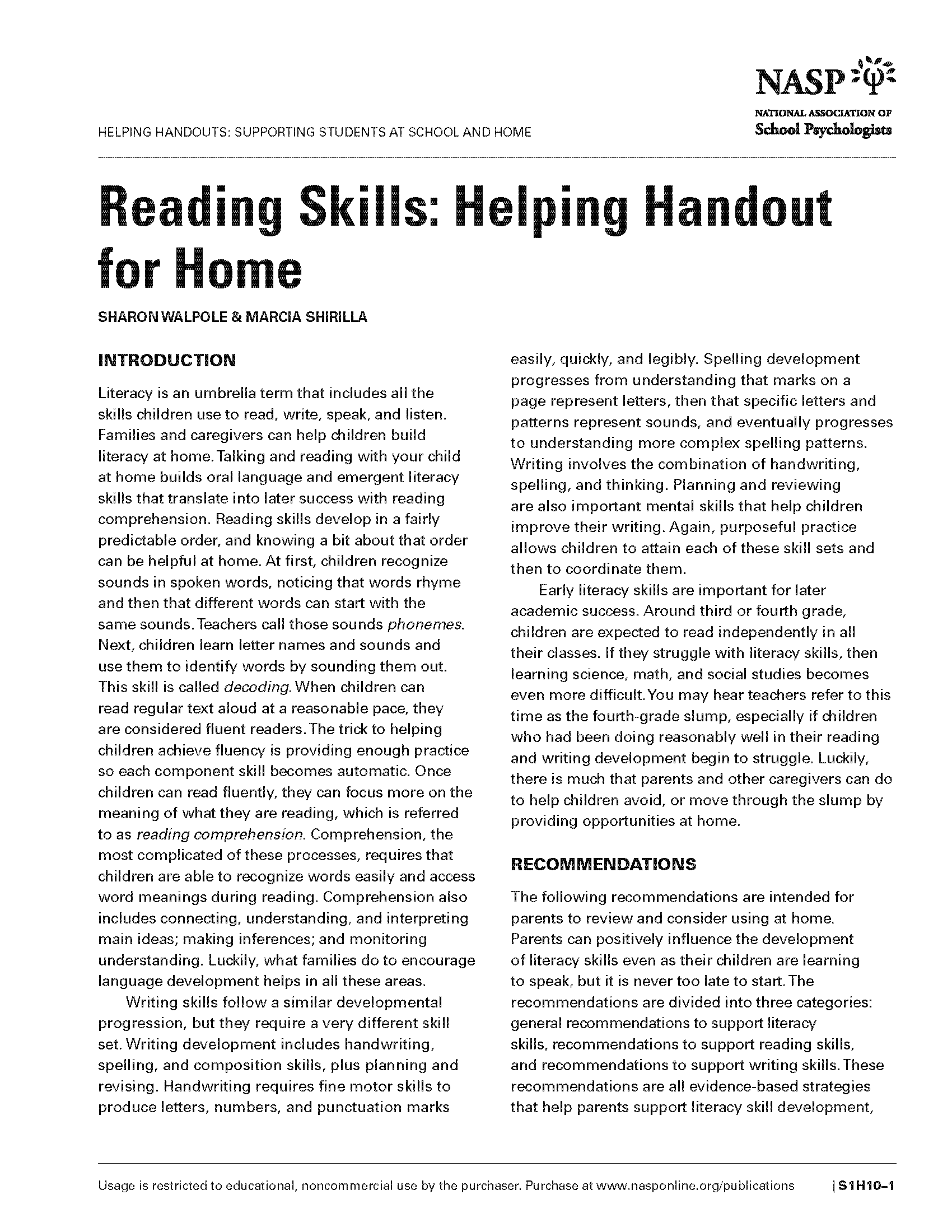 Reading Skills: Helping Handout for Home