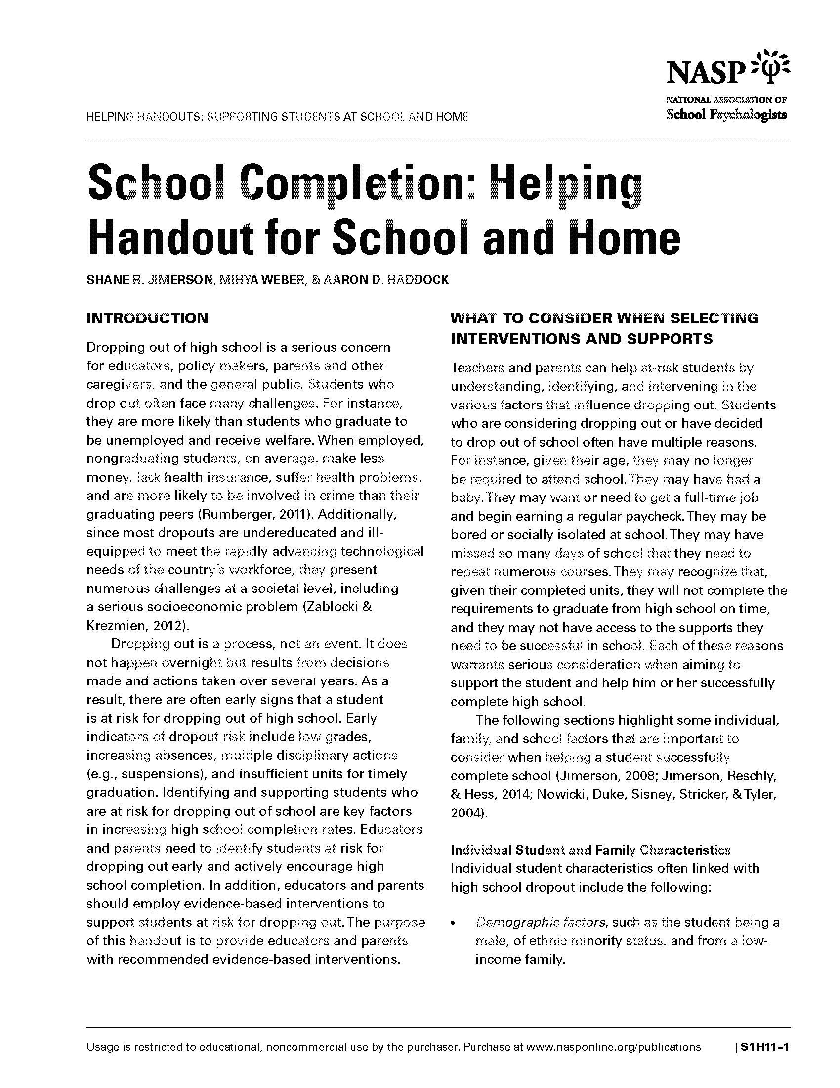 School Completion: Helping Handout for School and Home