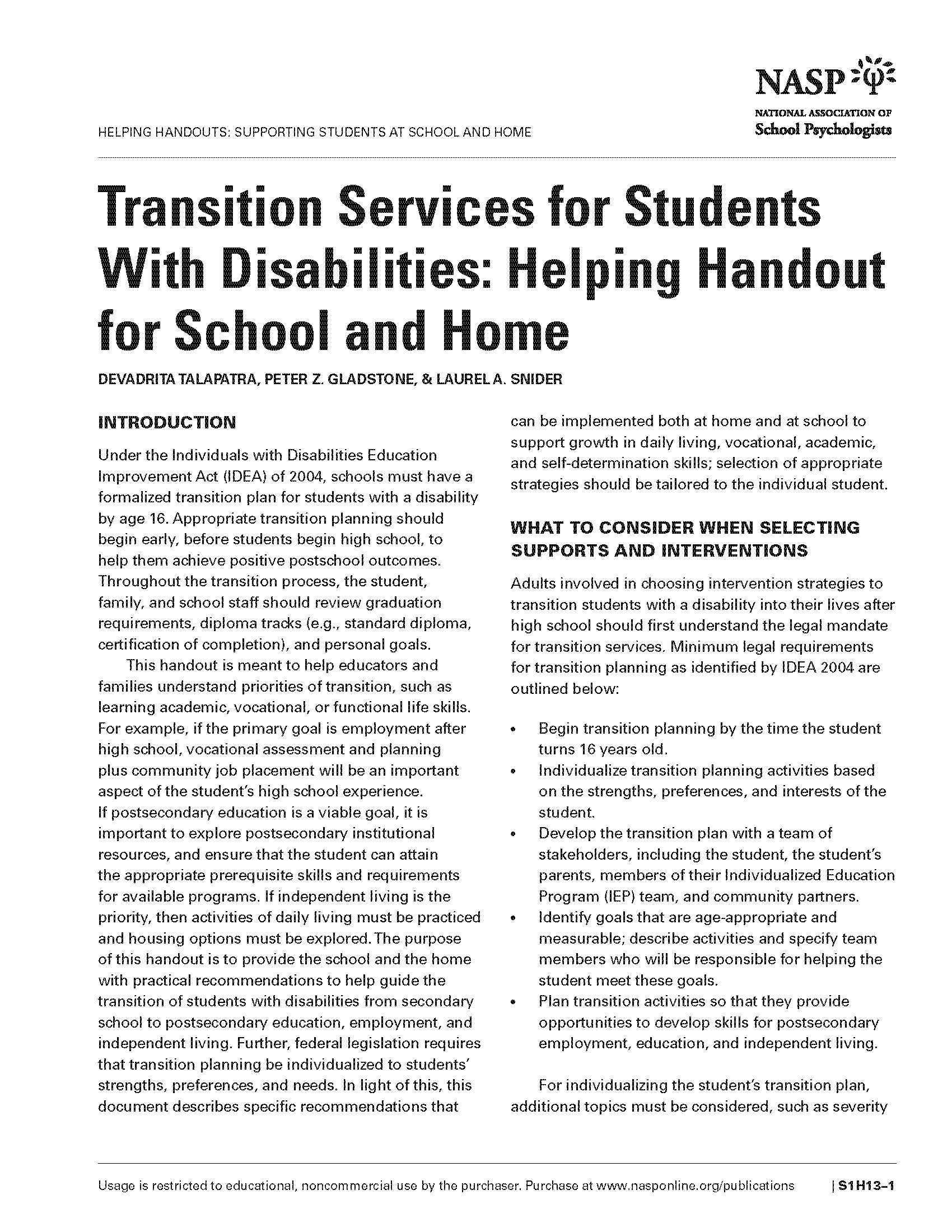 Transition Services for Students With Disabilities: Helping Handout for School and Home