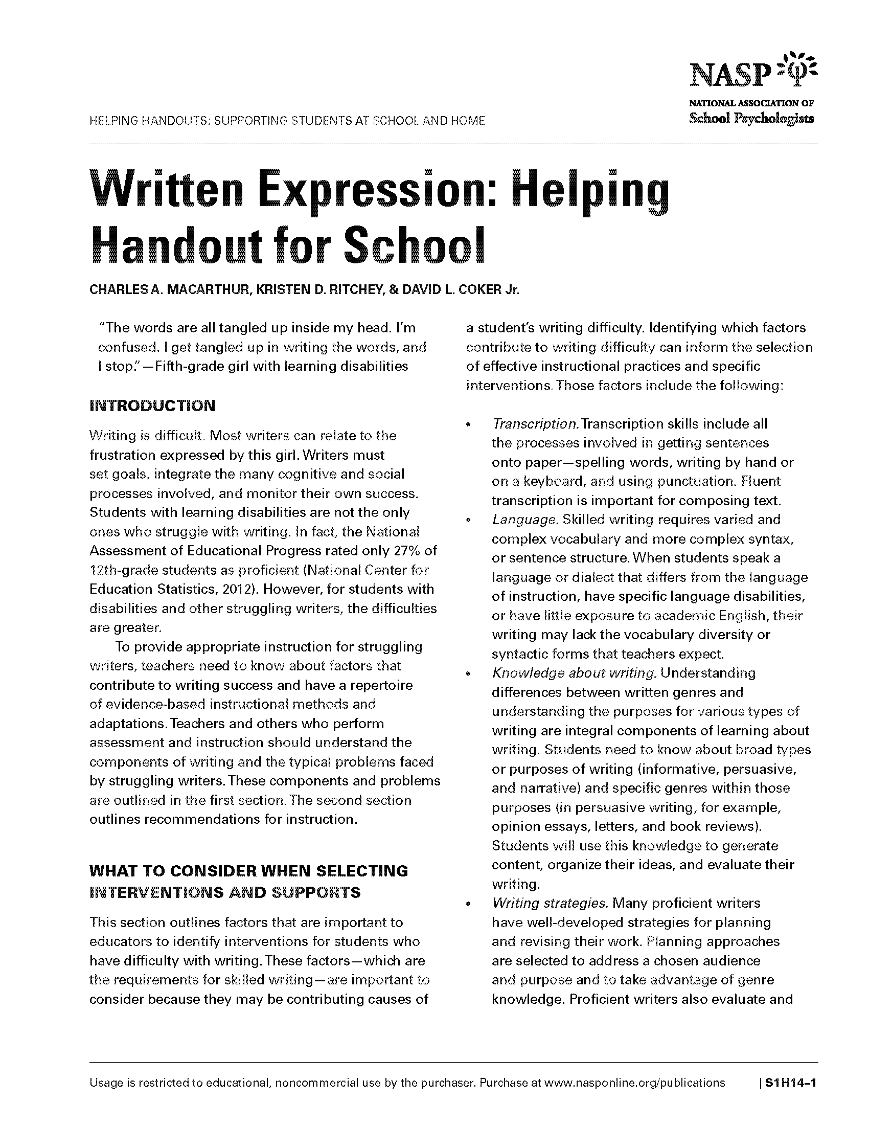 Written Expression: Helping Handout for School
