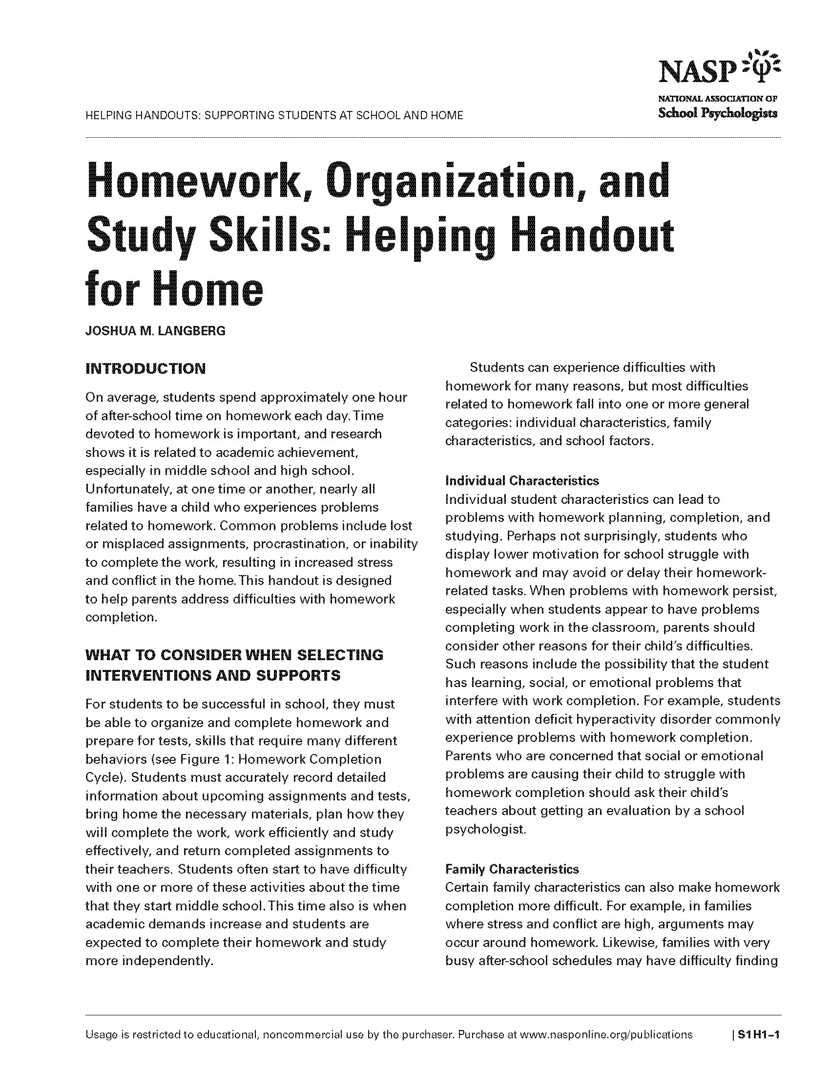Homework, Organization, and Study Skills: Helping Handout for Home