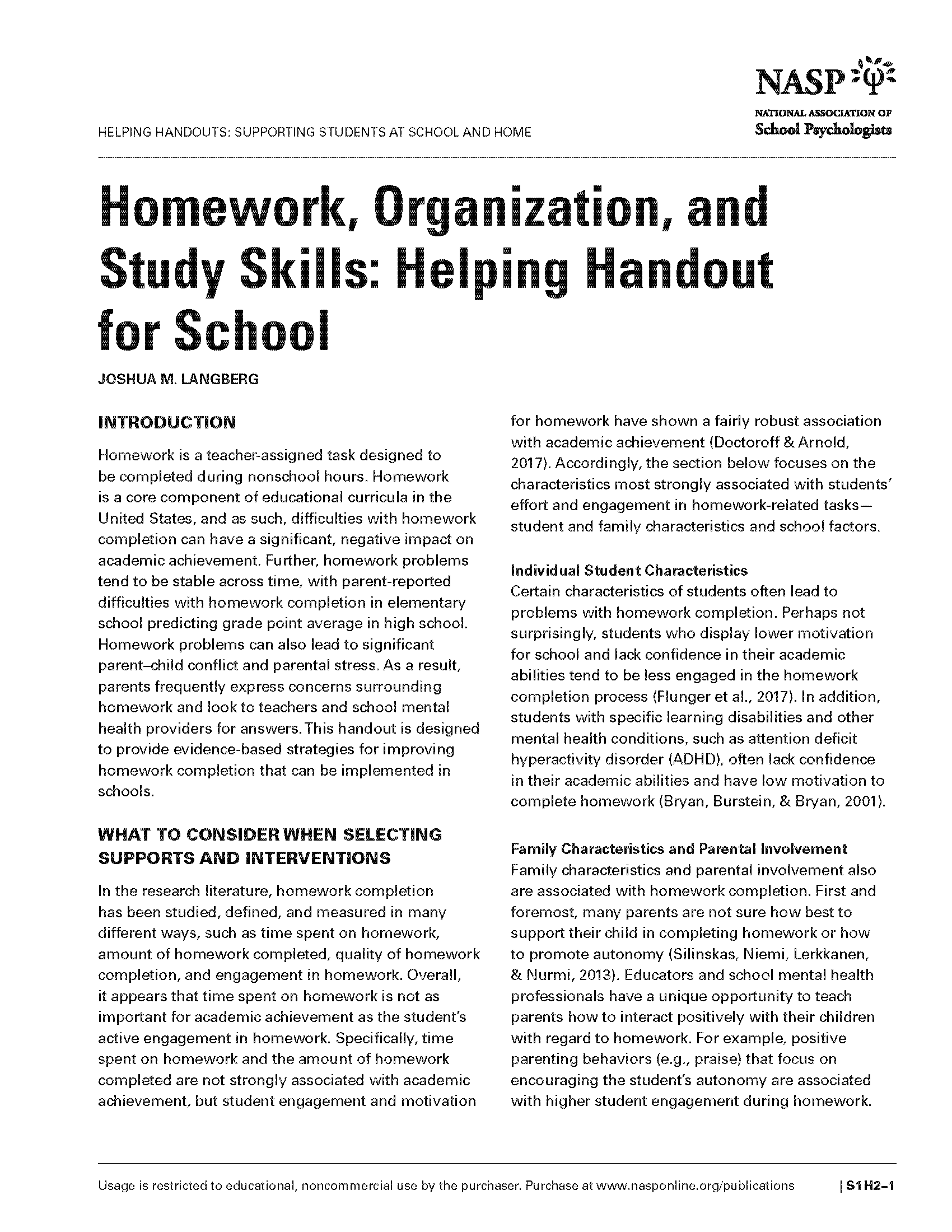 Homework, Organization, and Study Skills: Helping Handout for School