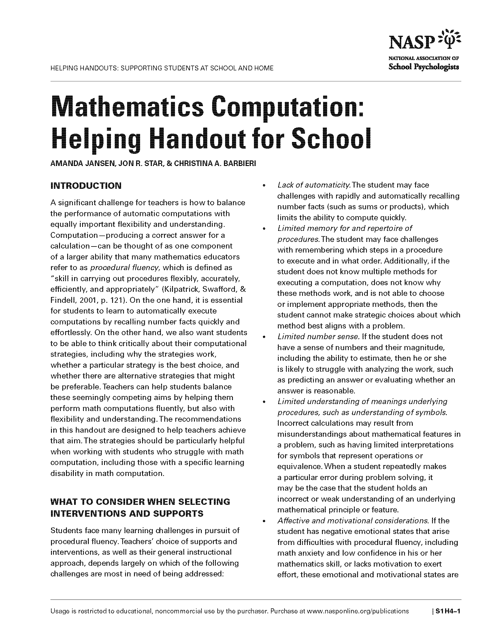 Mathematics Computation: Helping Handout for School