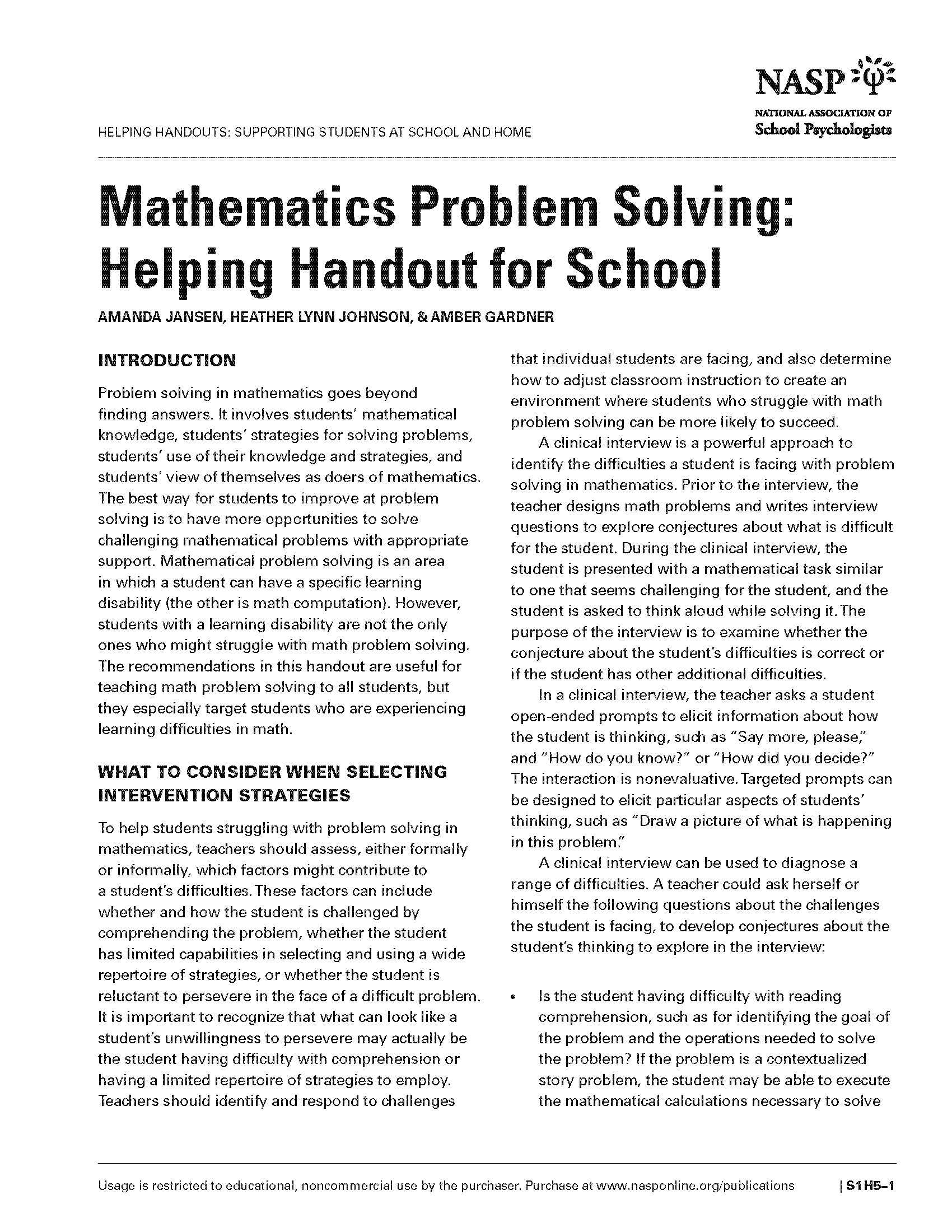 Mathematics Problem Solving: Helping Handout for School