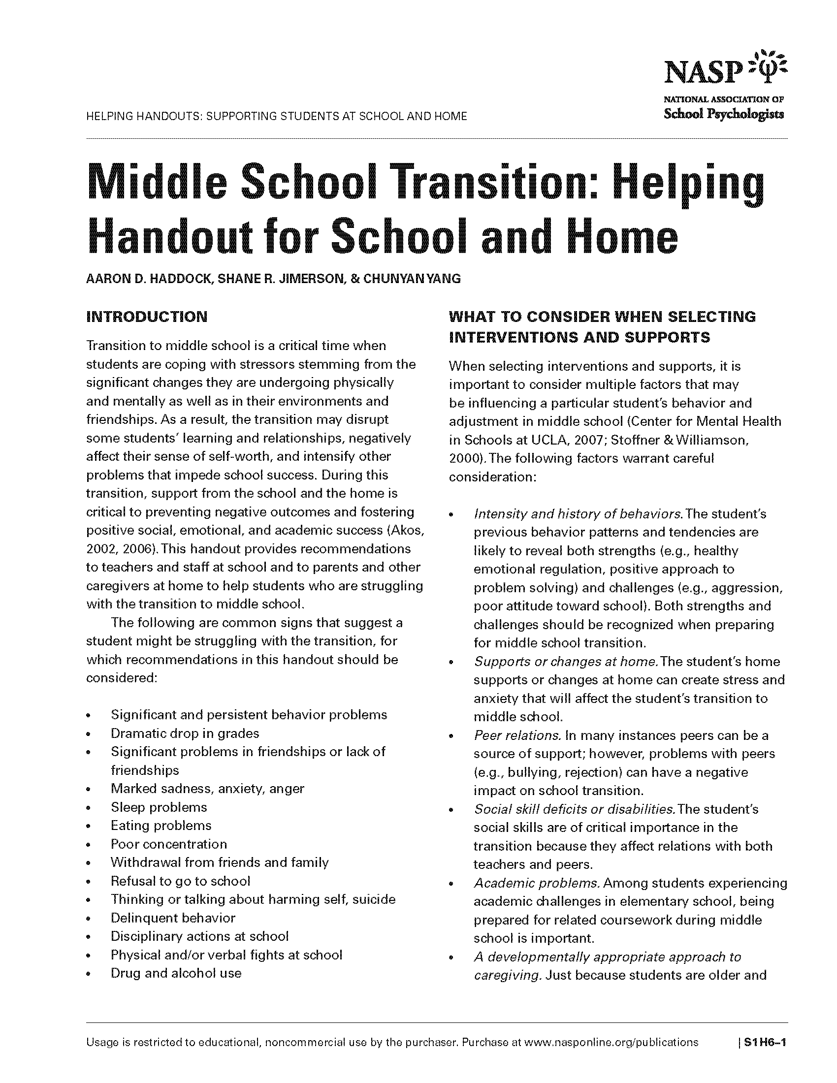 Middle School Transition: Helping Handout for School and Home
