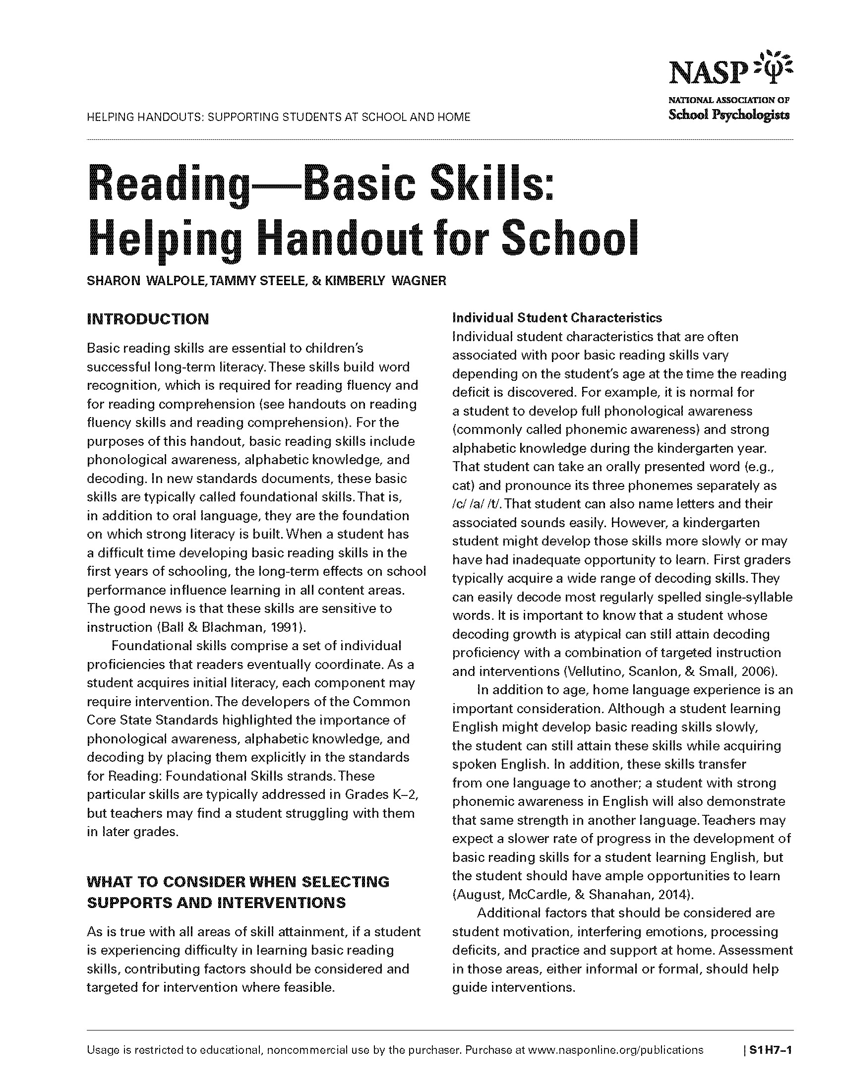Reading—Basic Skills: Helping Handout for School