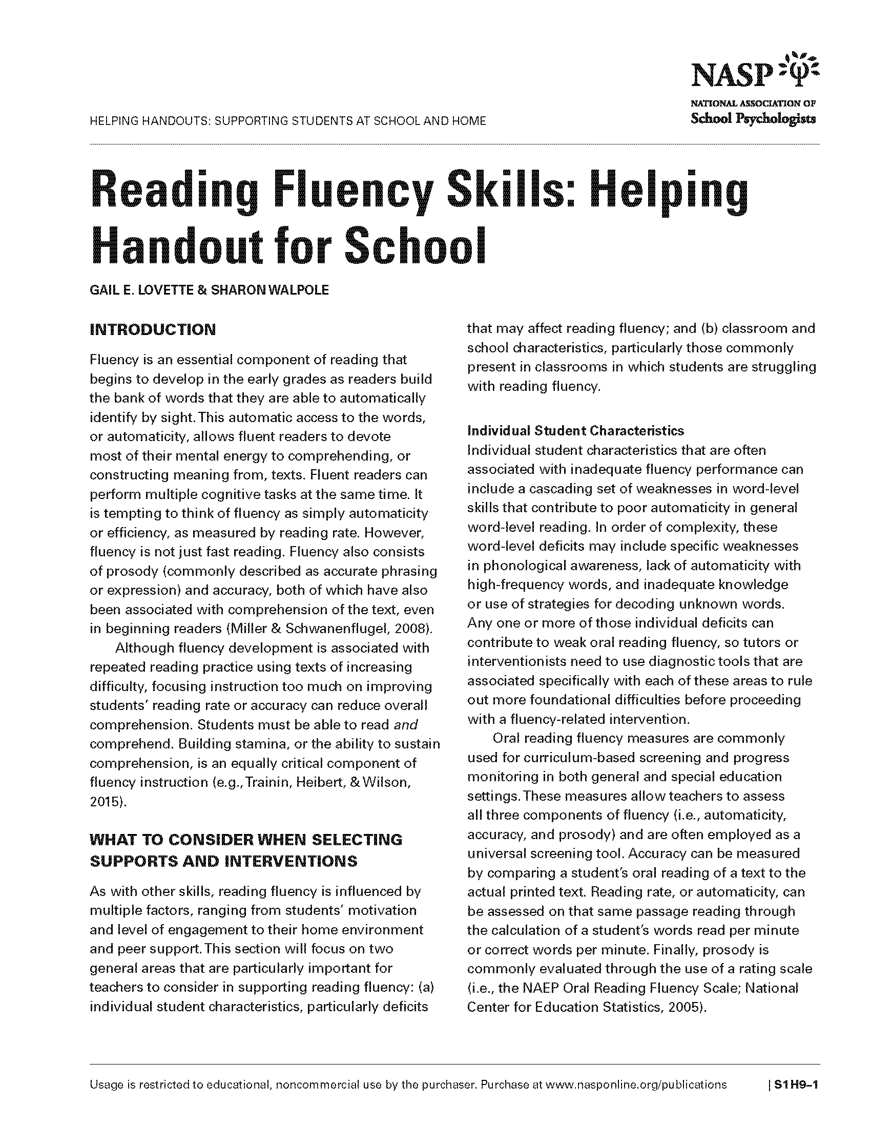 Reading Fluency Skills: Helping Handout for School
