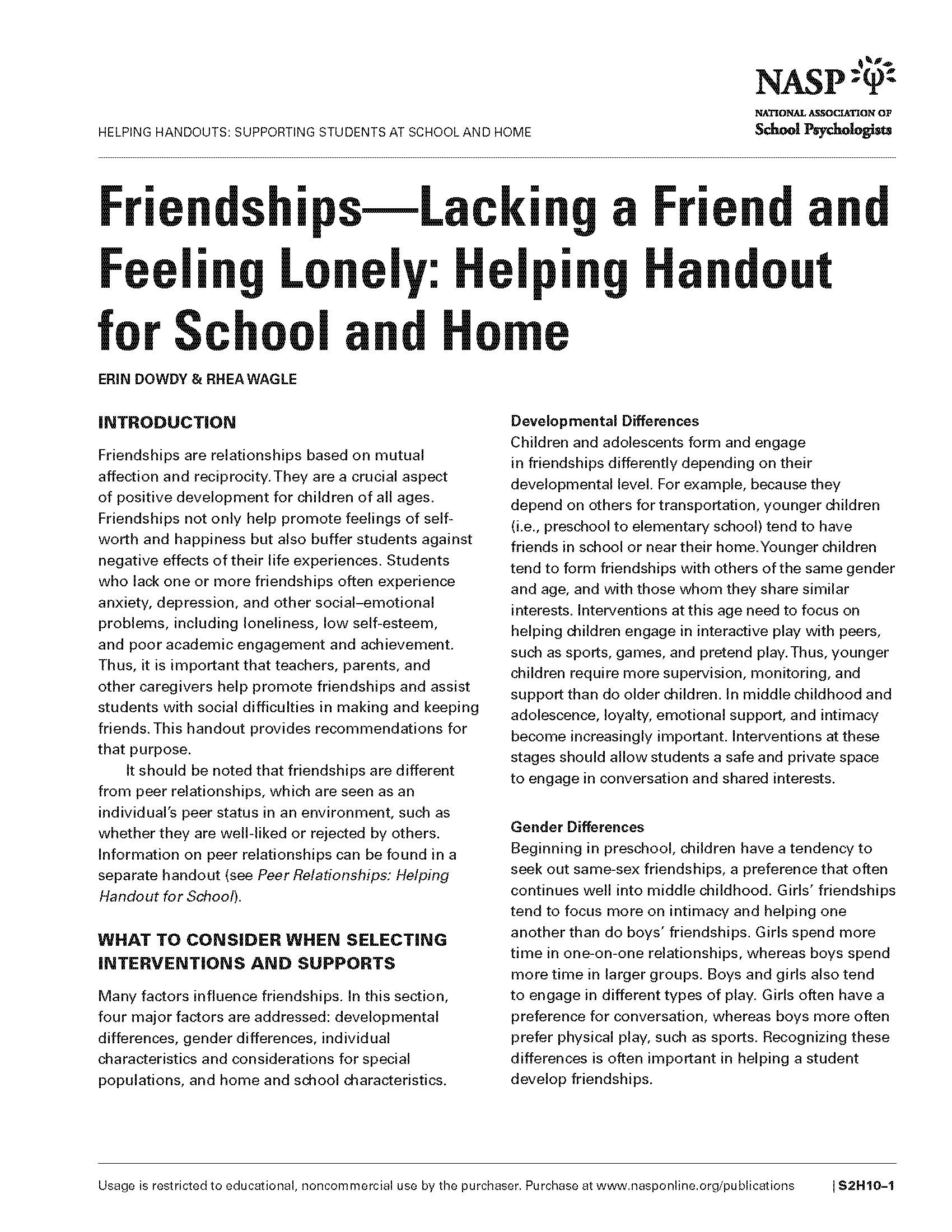 Friendships—Lacking a Friend and Feeling Lonely: Helping Handout for School and Home