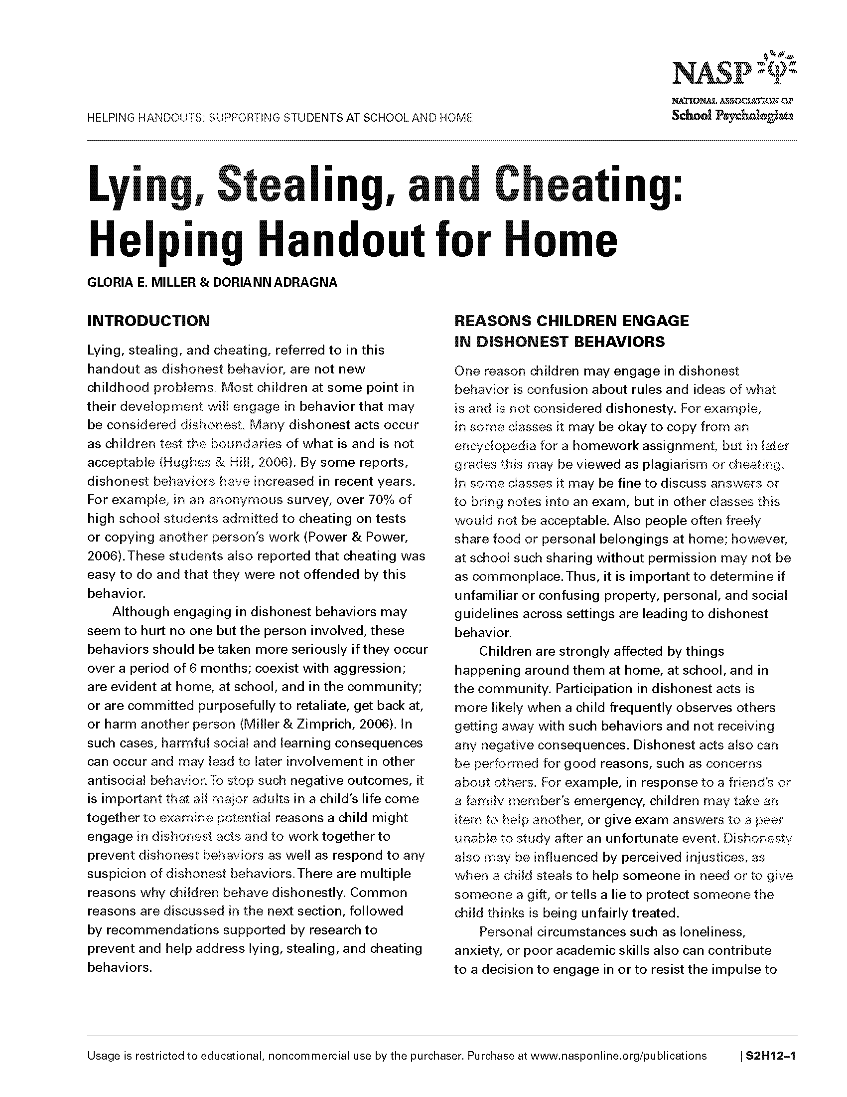 Lying, Stealing, and Cheating: Helping Handout for Home