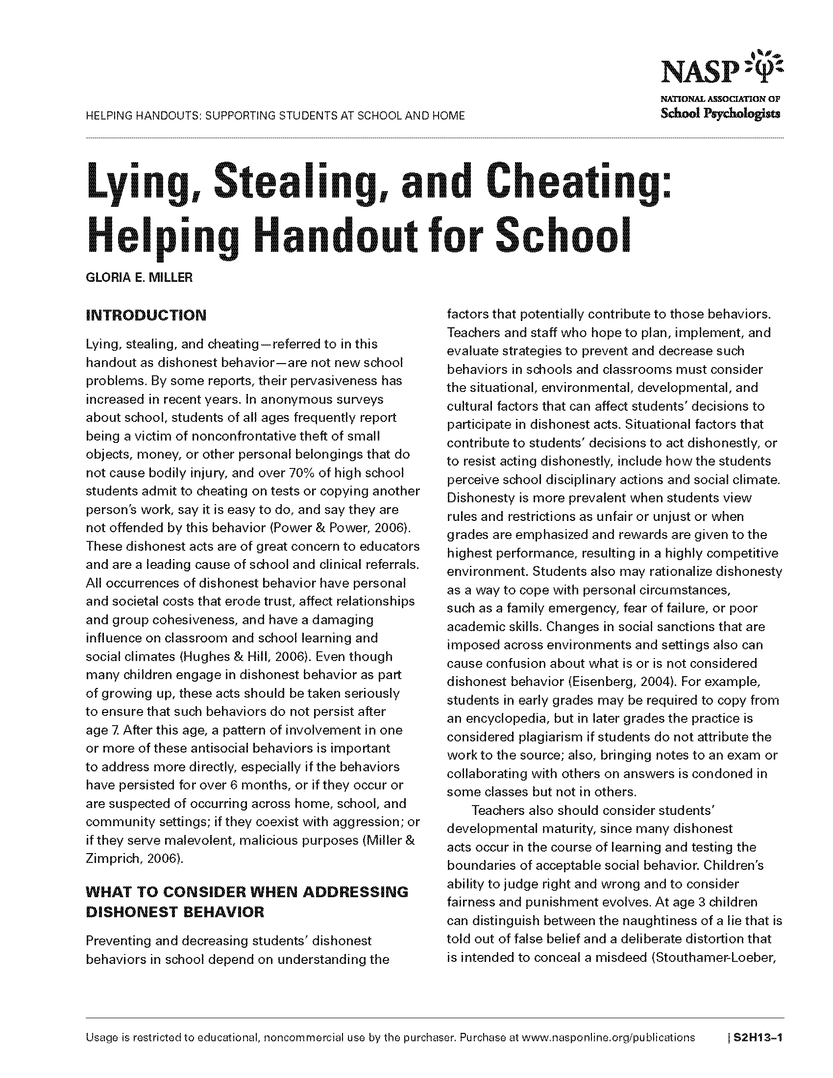 Lying, Stealing, and Cheating: Helping Handout for School