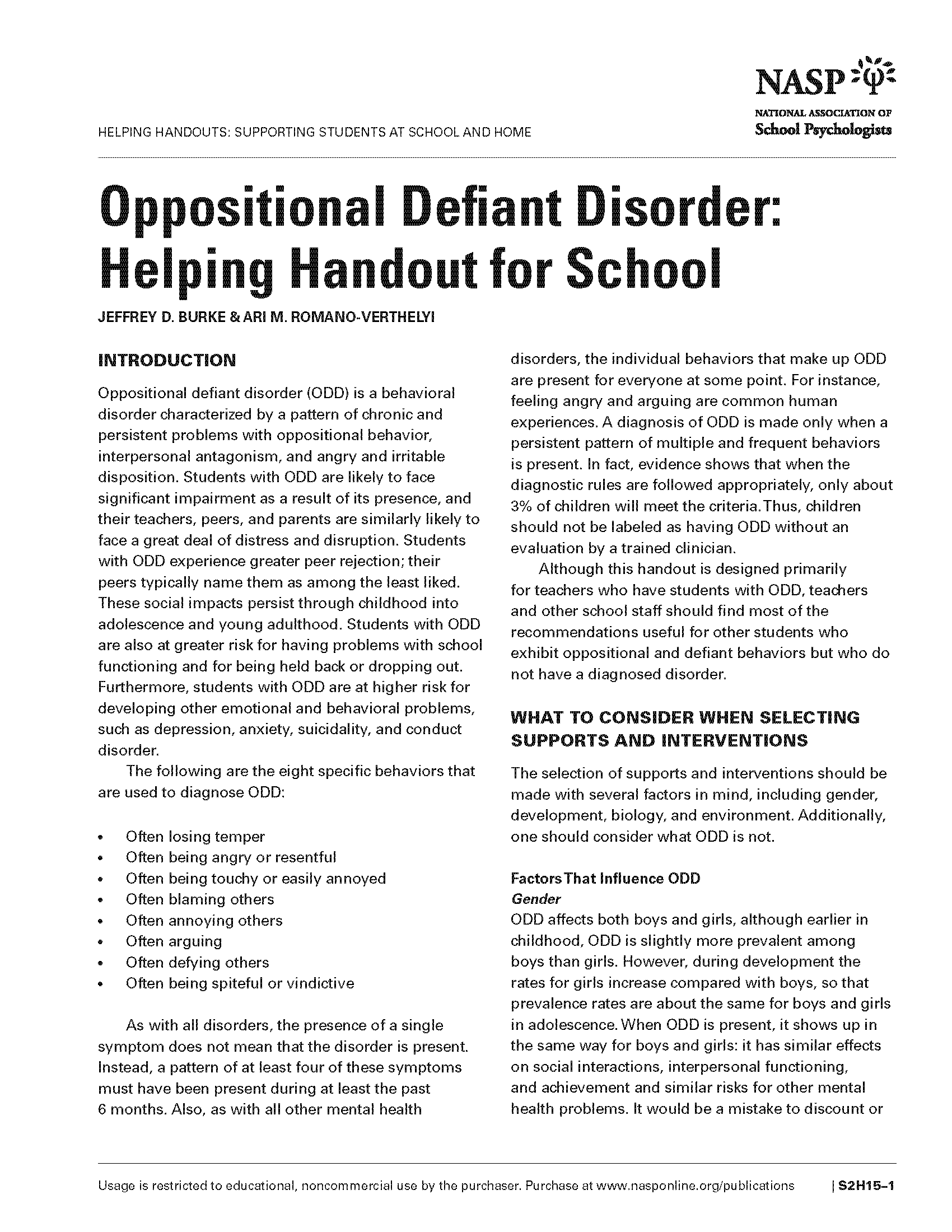 Oppositional Defiant Disorder: Helping Handout for School       