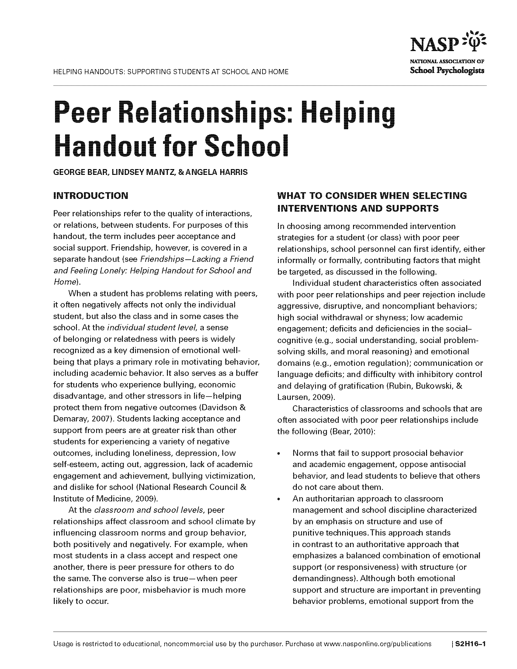 Peer Relationships: Helping Handout for School 