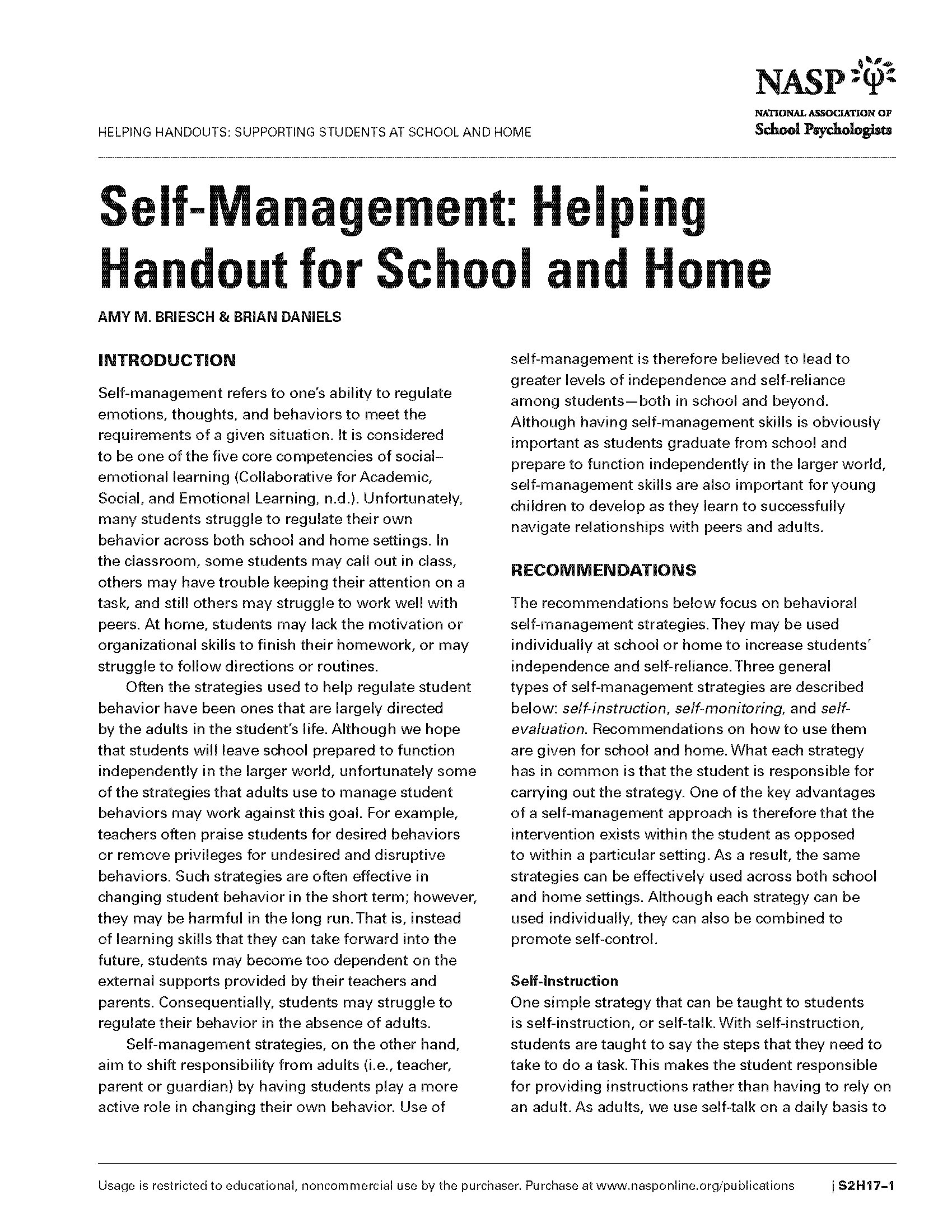 Self-Management: Helping Handout for School and Home