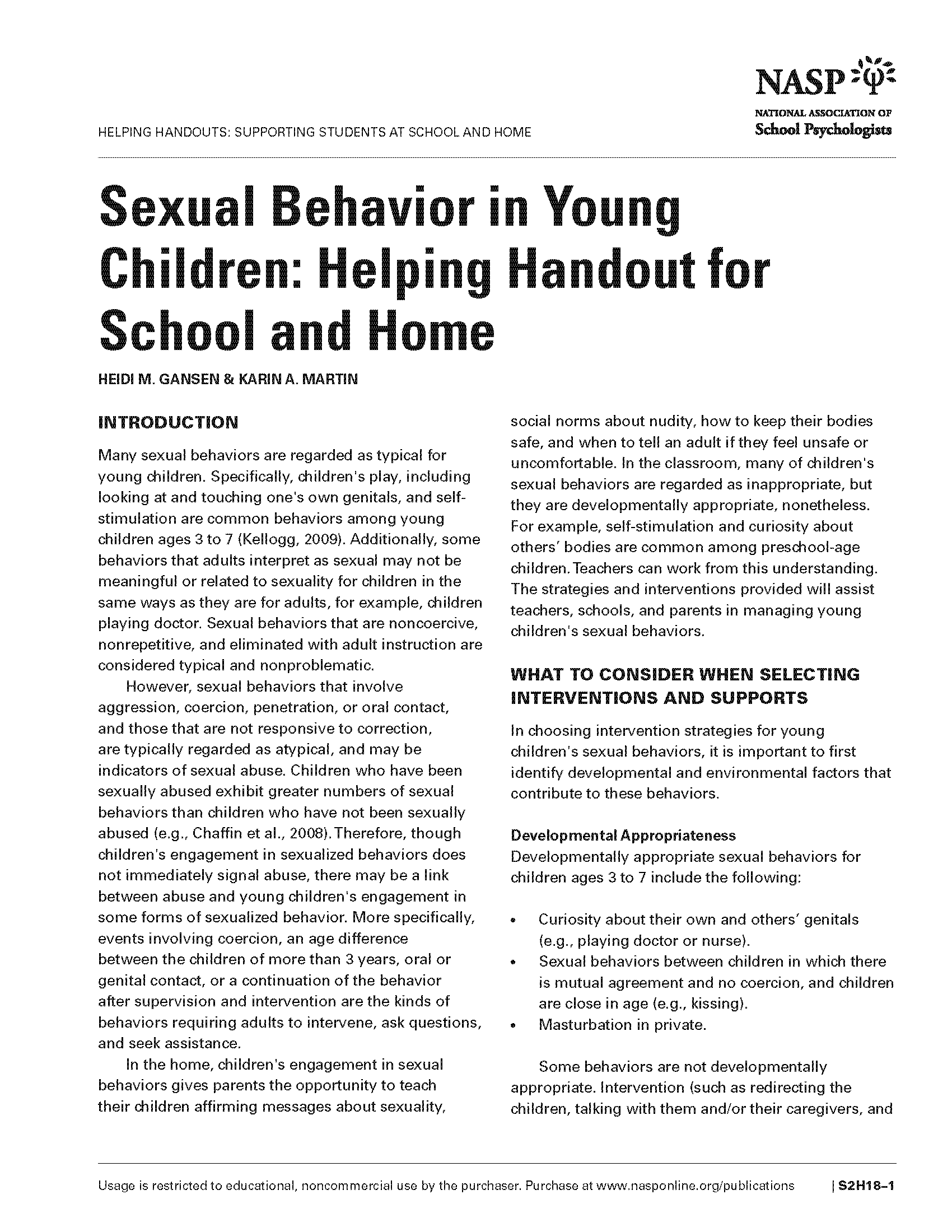 Sexual Behavior in Young Children: Helping Handout for School and Home 