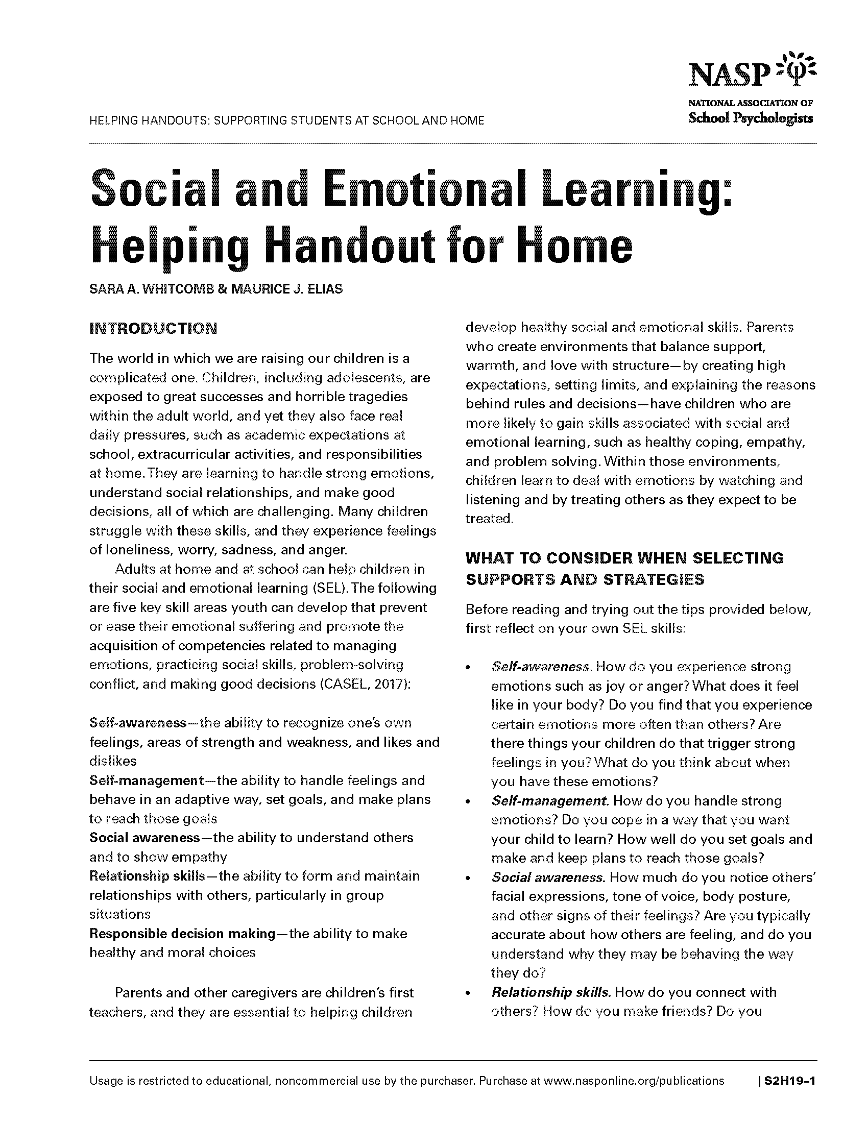 Social and Emotional Learning: Helping Handout for Home