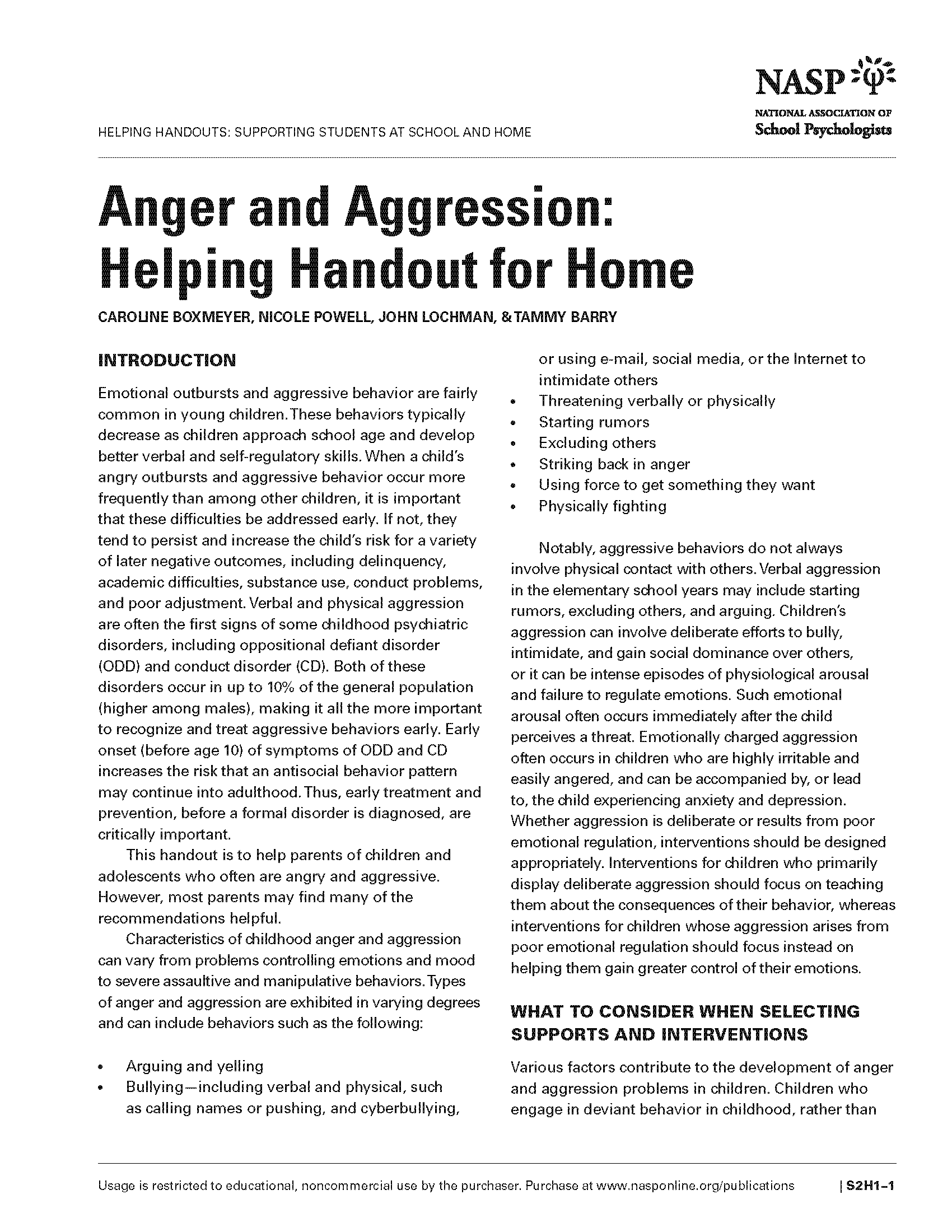 Anger and Aggression: Helping Handout for Home