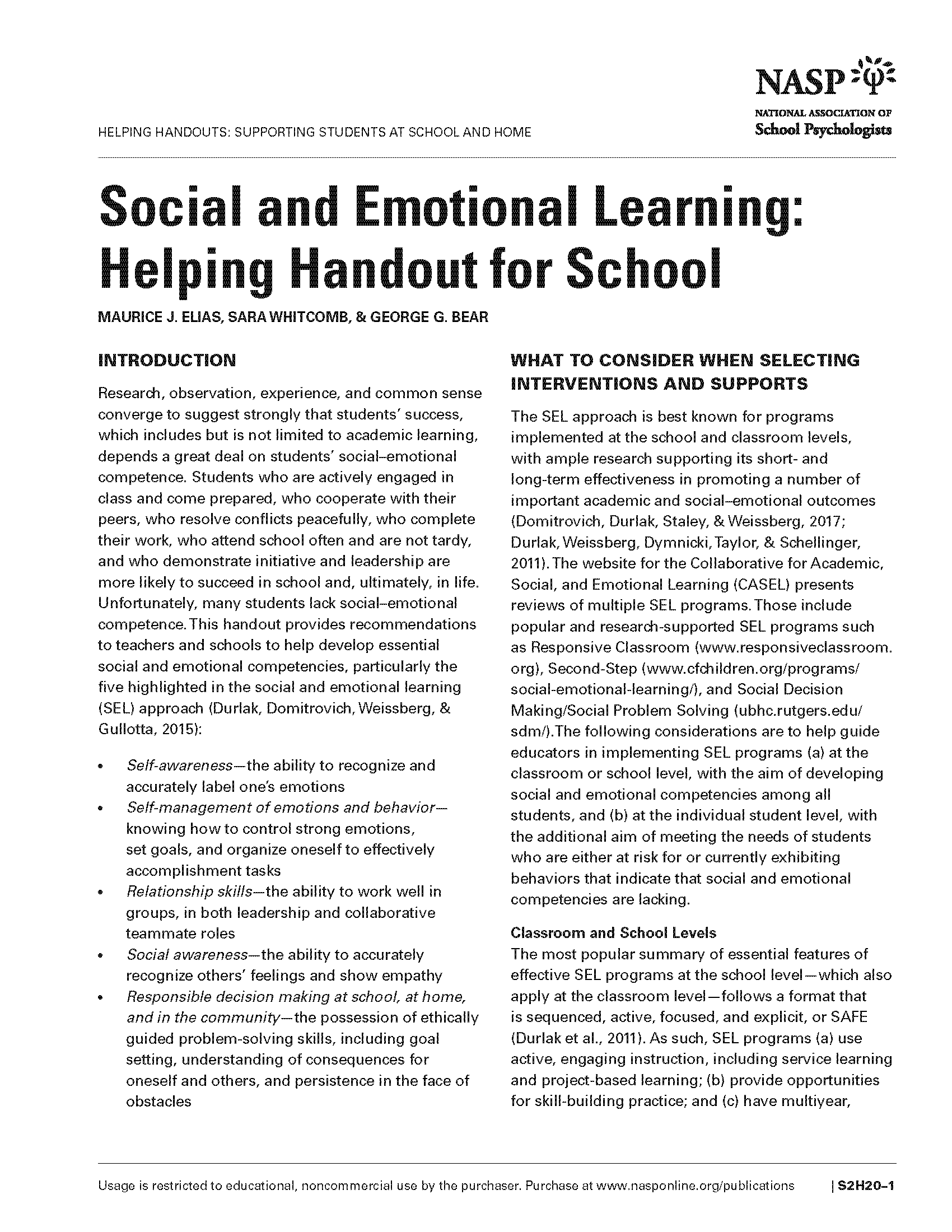 Social and Emotional Learning: Helping Handout for School 