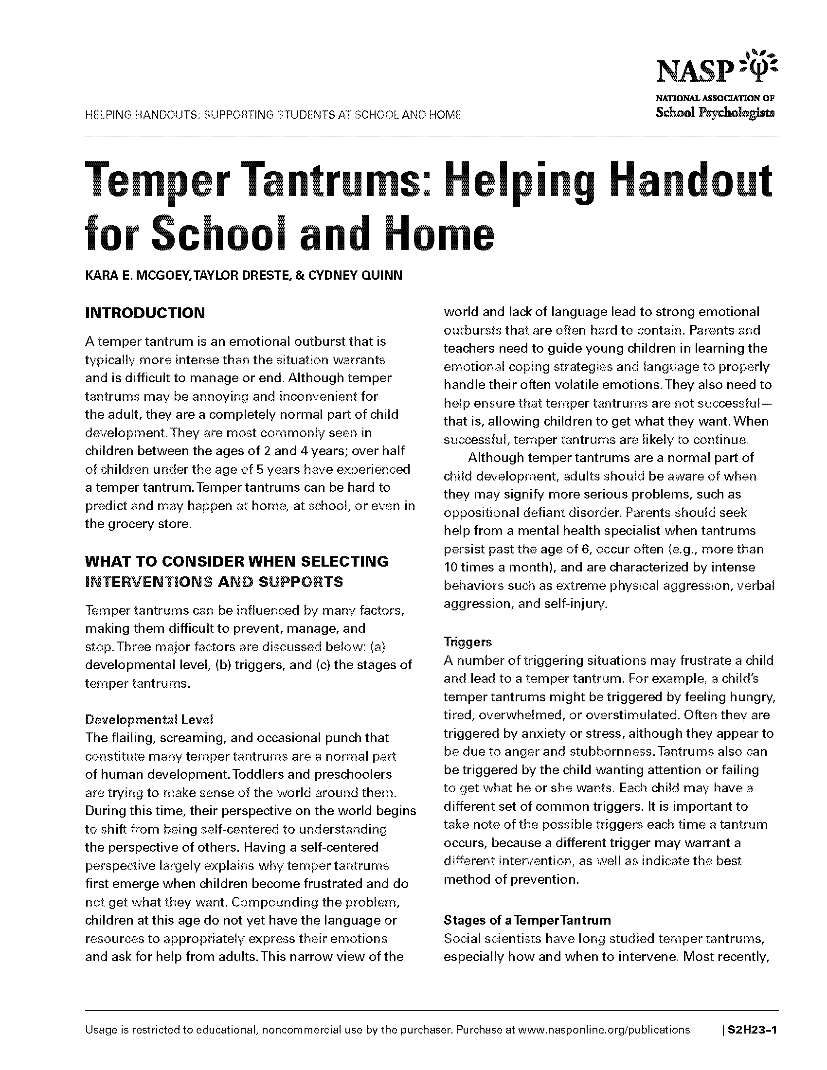 Temper Tantrums: Helping Handout for School and Home
