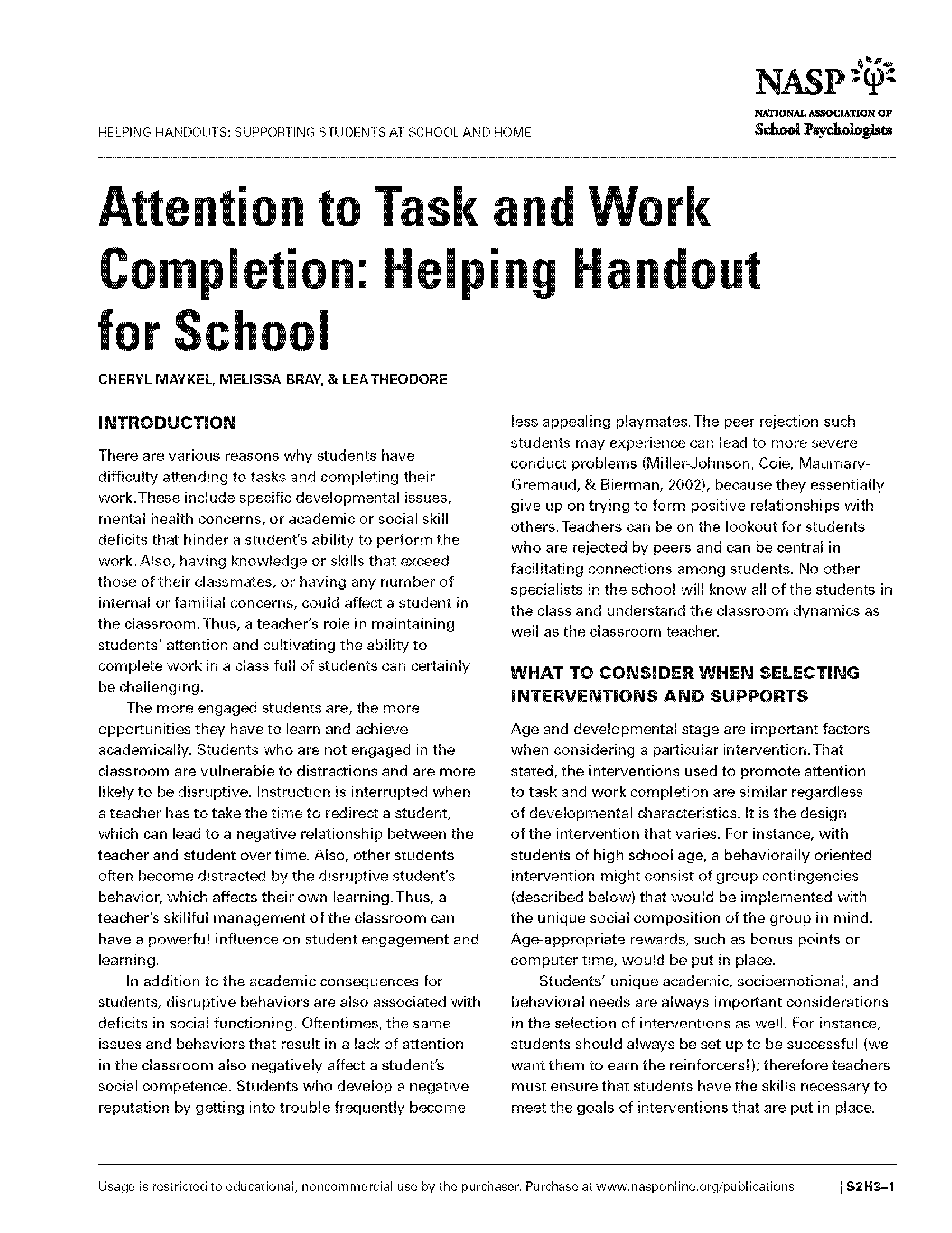 Attention to Task and Work Completion: Helping Handout for School