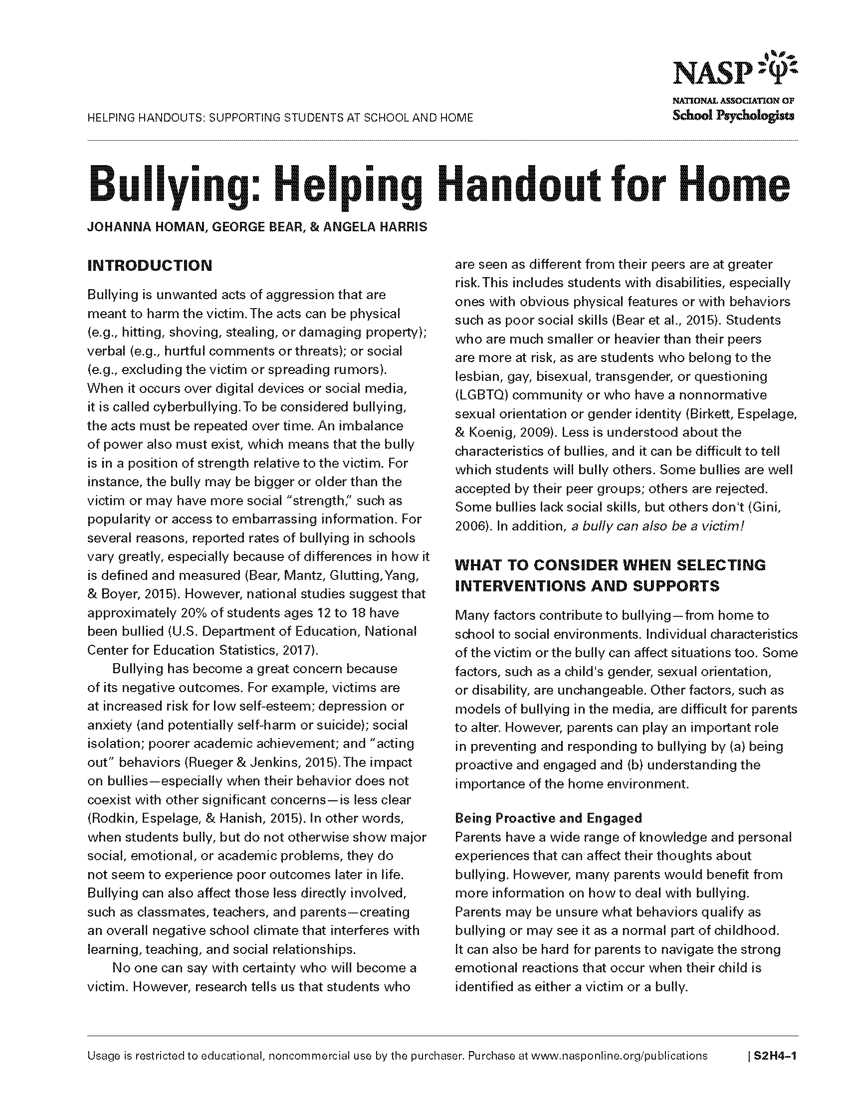 Bullying: Helping Handout for Home