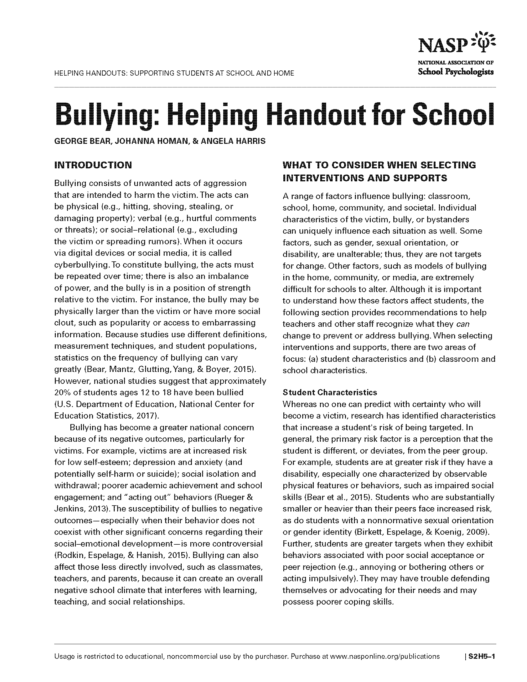 Bullying: Helping Handout for School