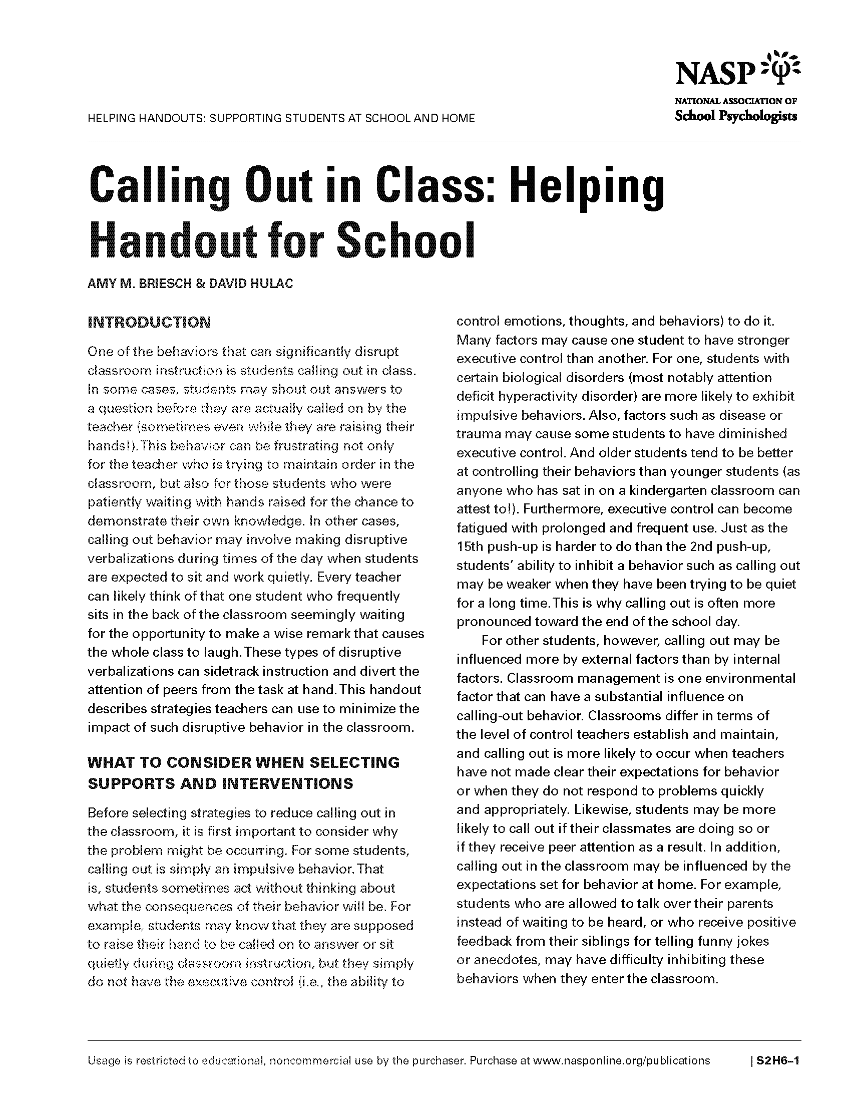 Calling Out in Class: Helping Handout for School