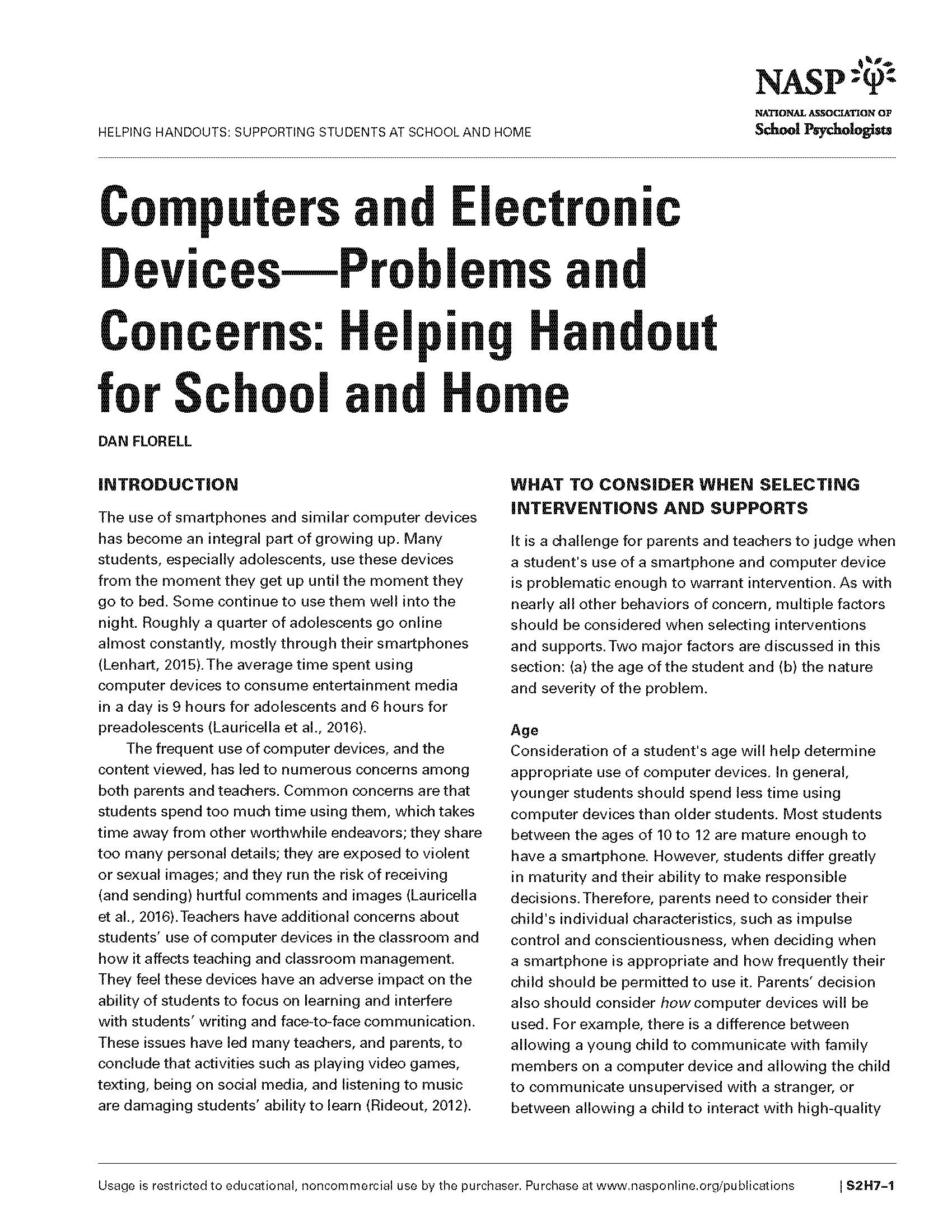 Computers and Electronic Devices—Problems and Concerns: Helping Handout for School and Home 