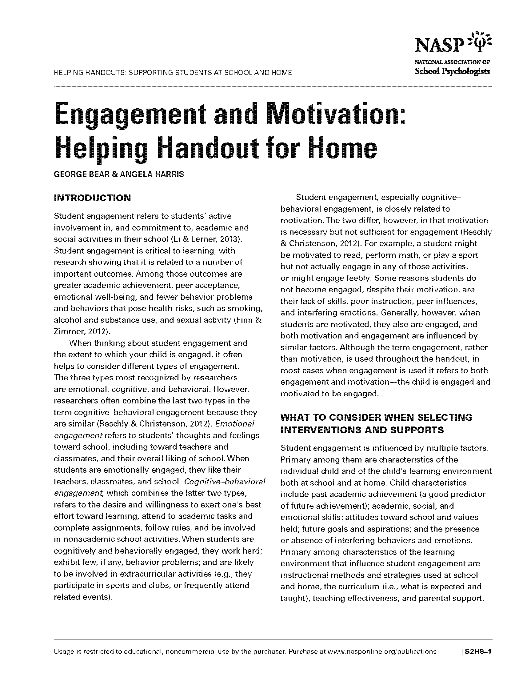 Engagement and Motivation: Helping Handout for Home