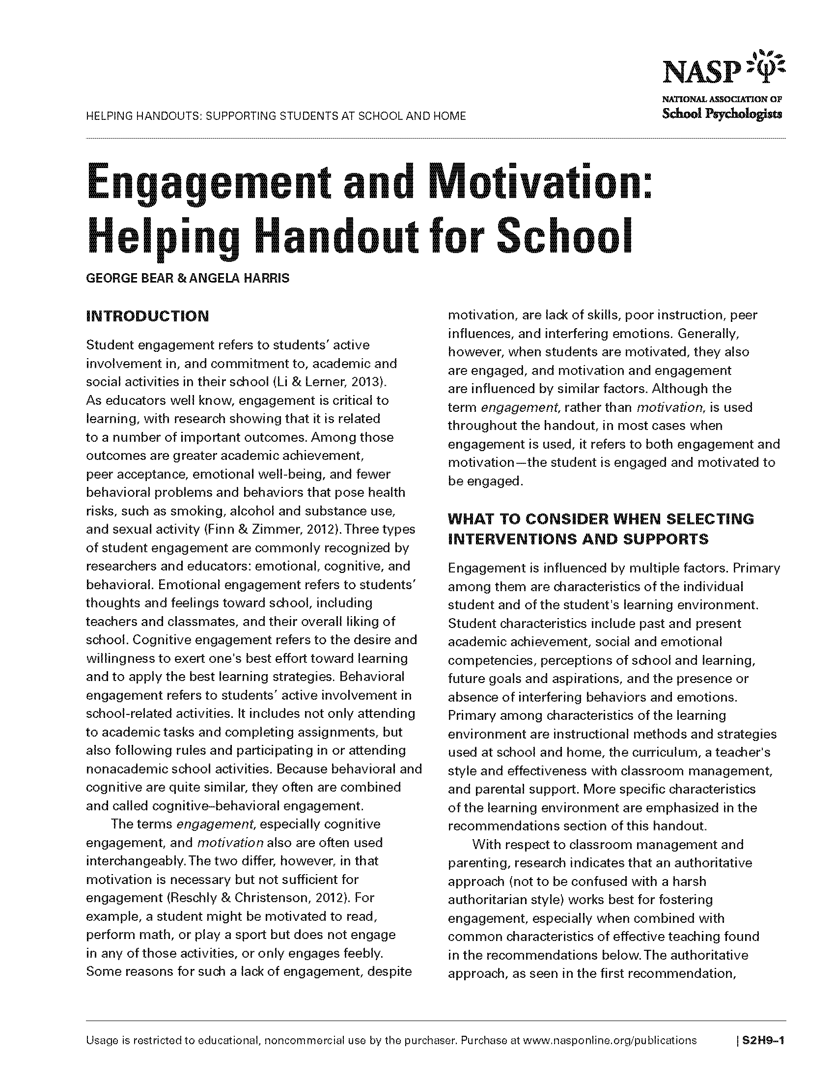 Engagement and Motivation: Helping Handout for School