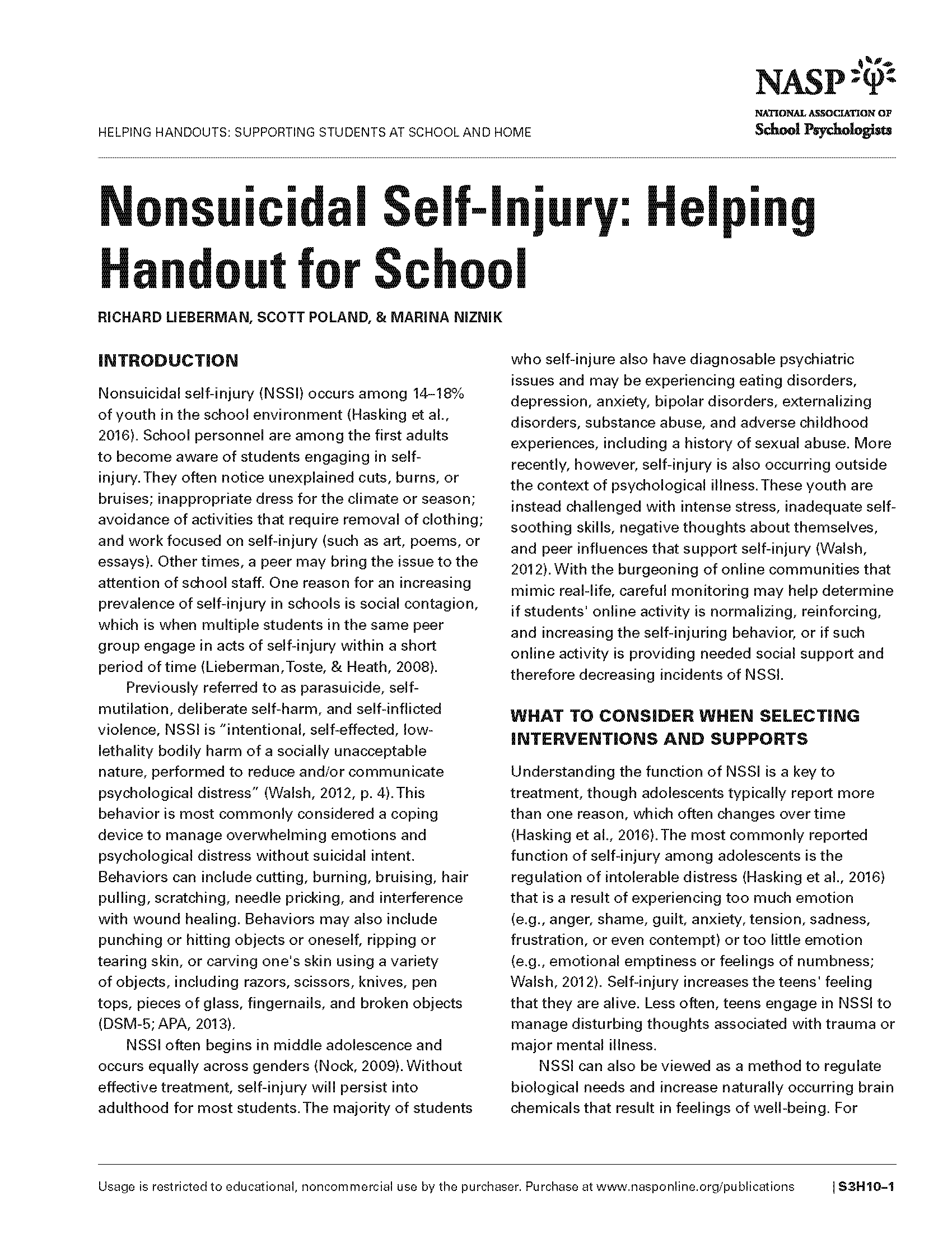 Nonsuicidal Self-Injury: Helping Handout for School