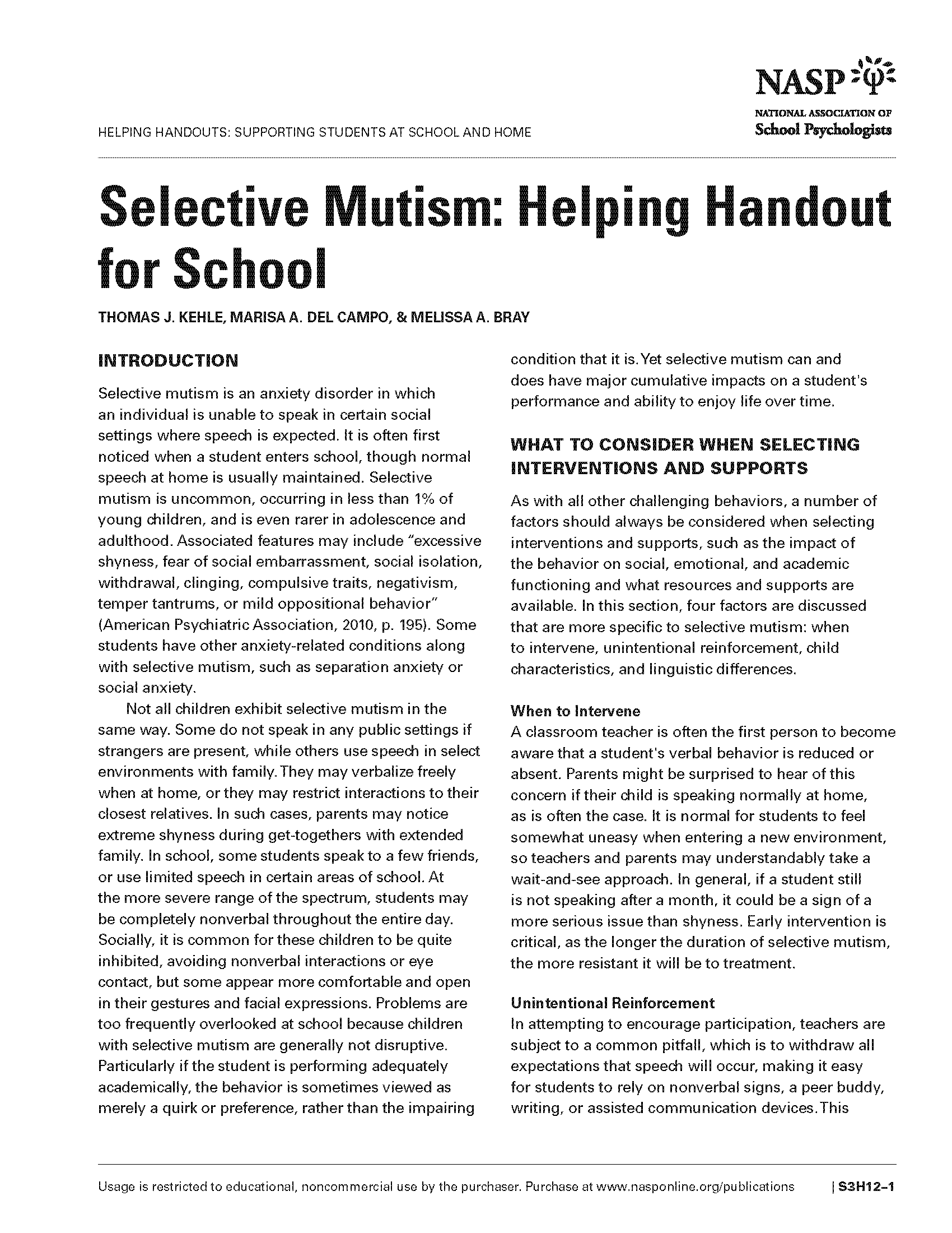 Selective Mutism: Helping Handout for School