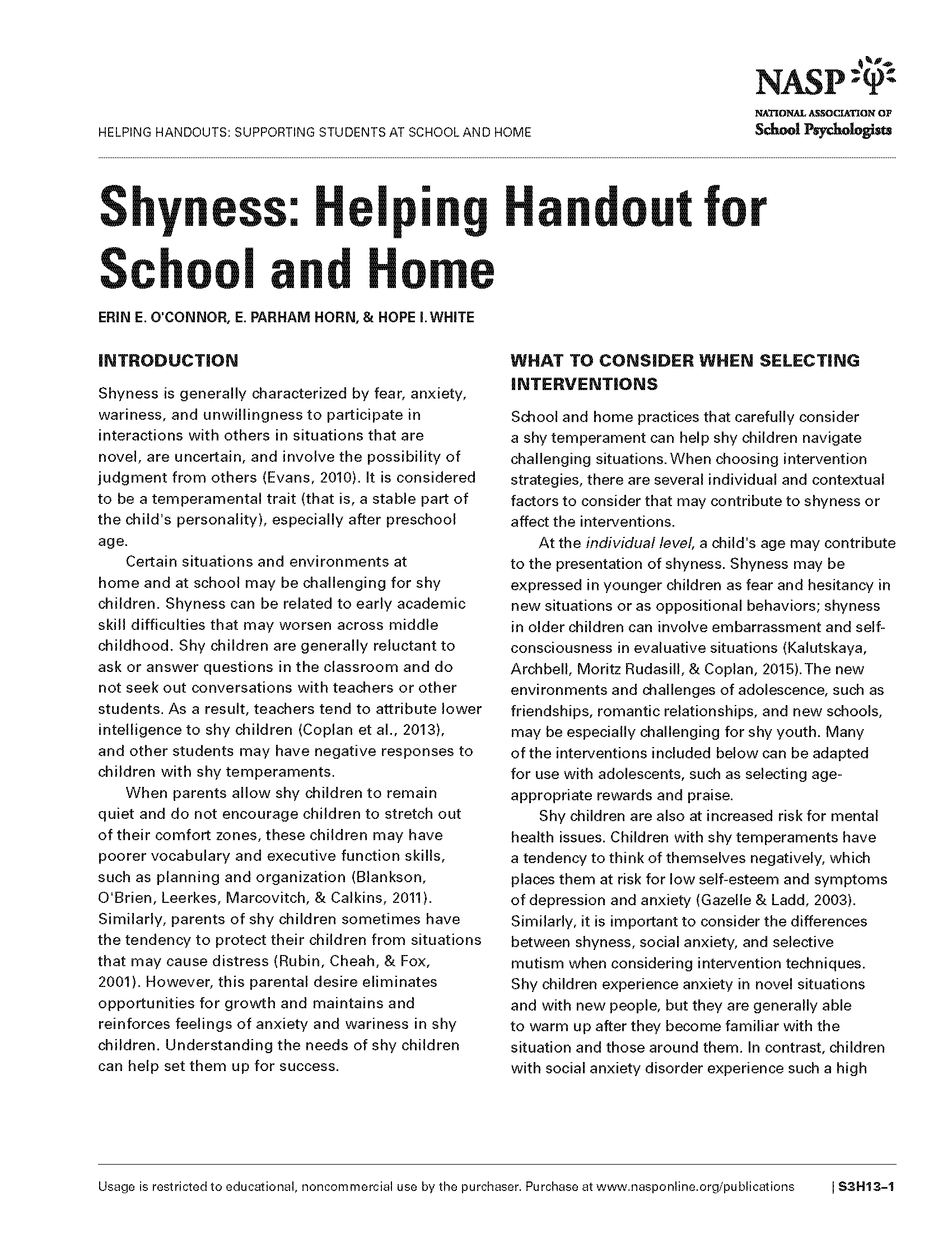 Shyness:  Helping Handout for School and Home