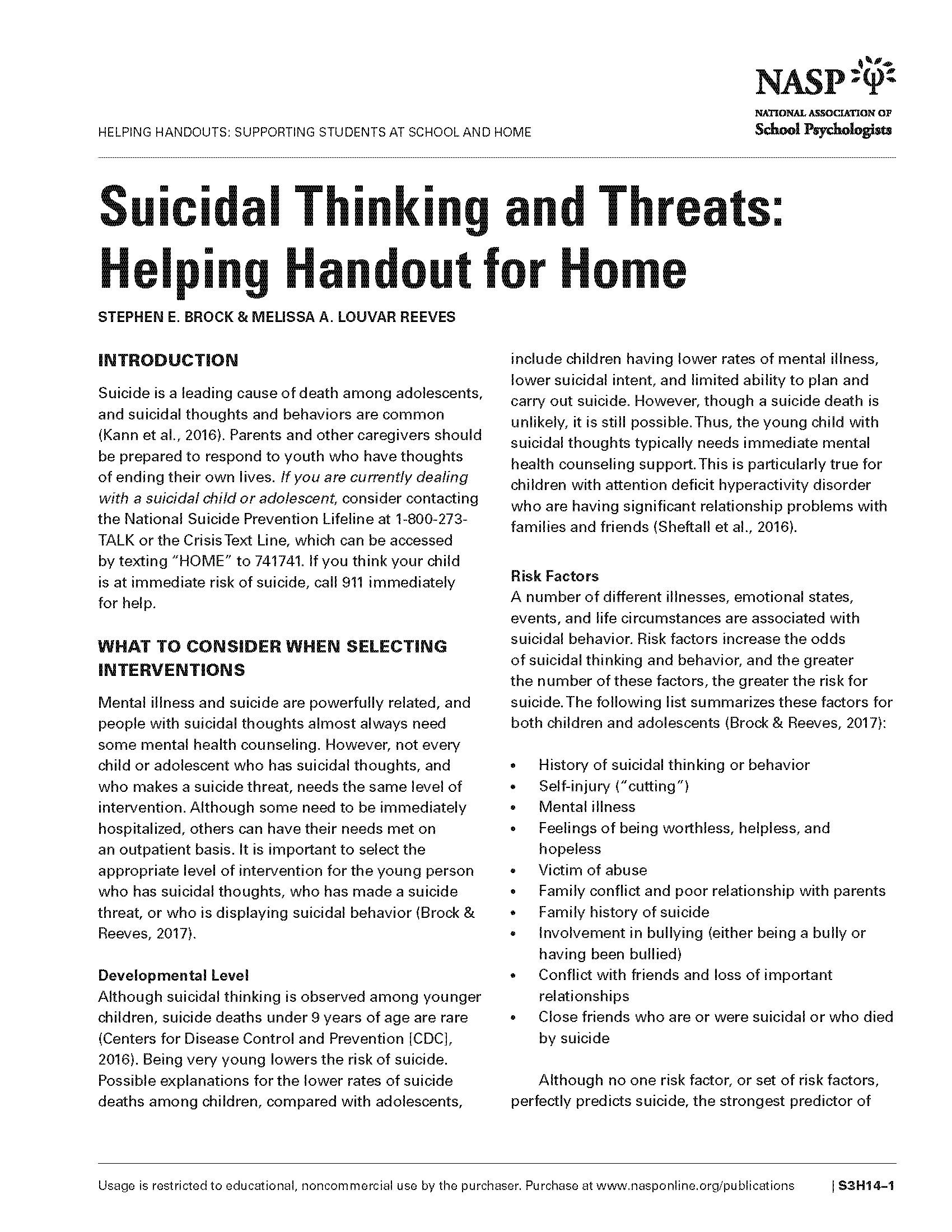 Suicidal Thinking and Threats: Helping Handout for Home
