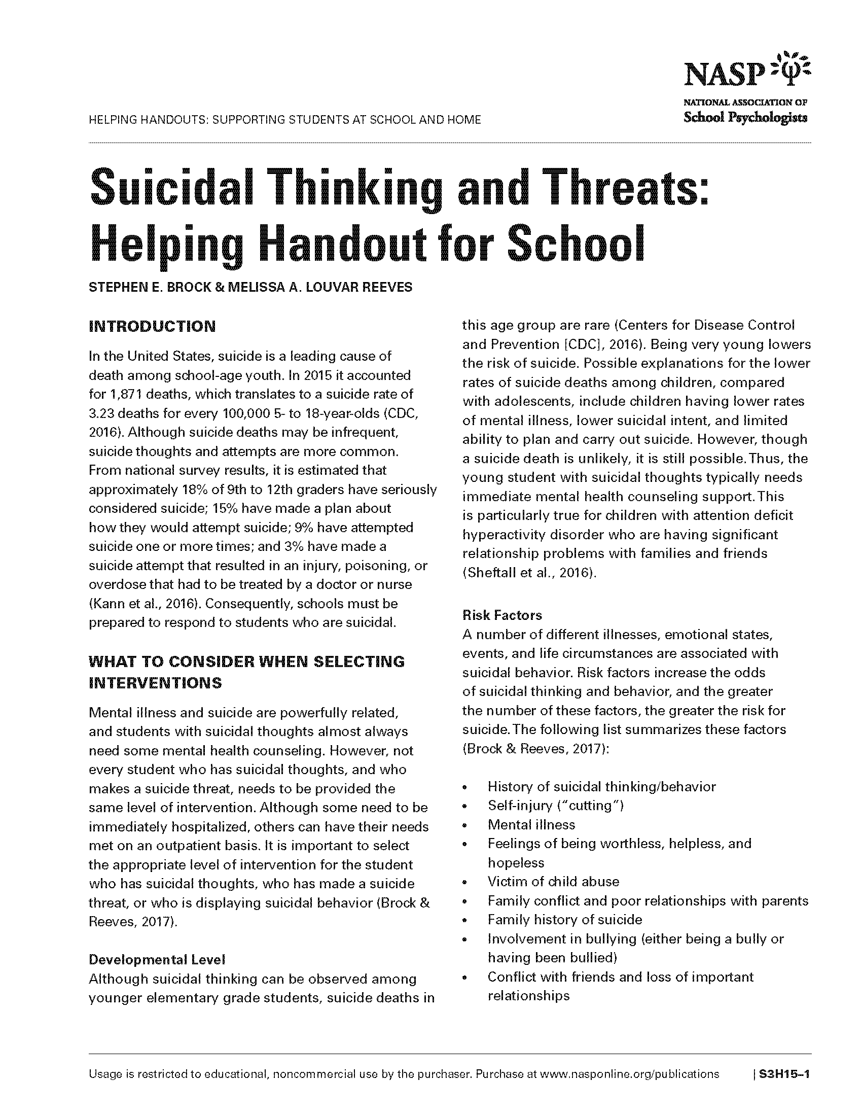 Suicidal Thinking and Threats: Helping Handout for School 