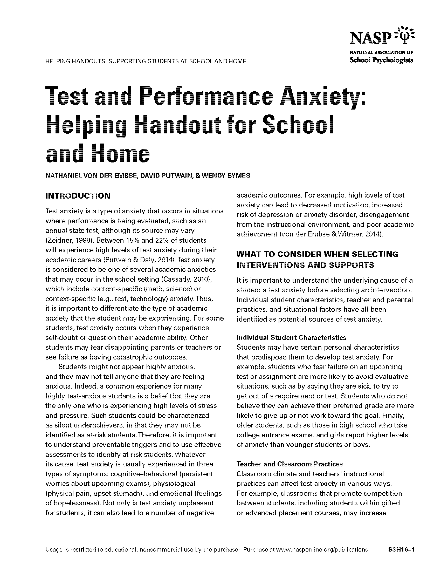 Test and Performance Anxiety: Helping Handout for School and Home