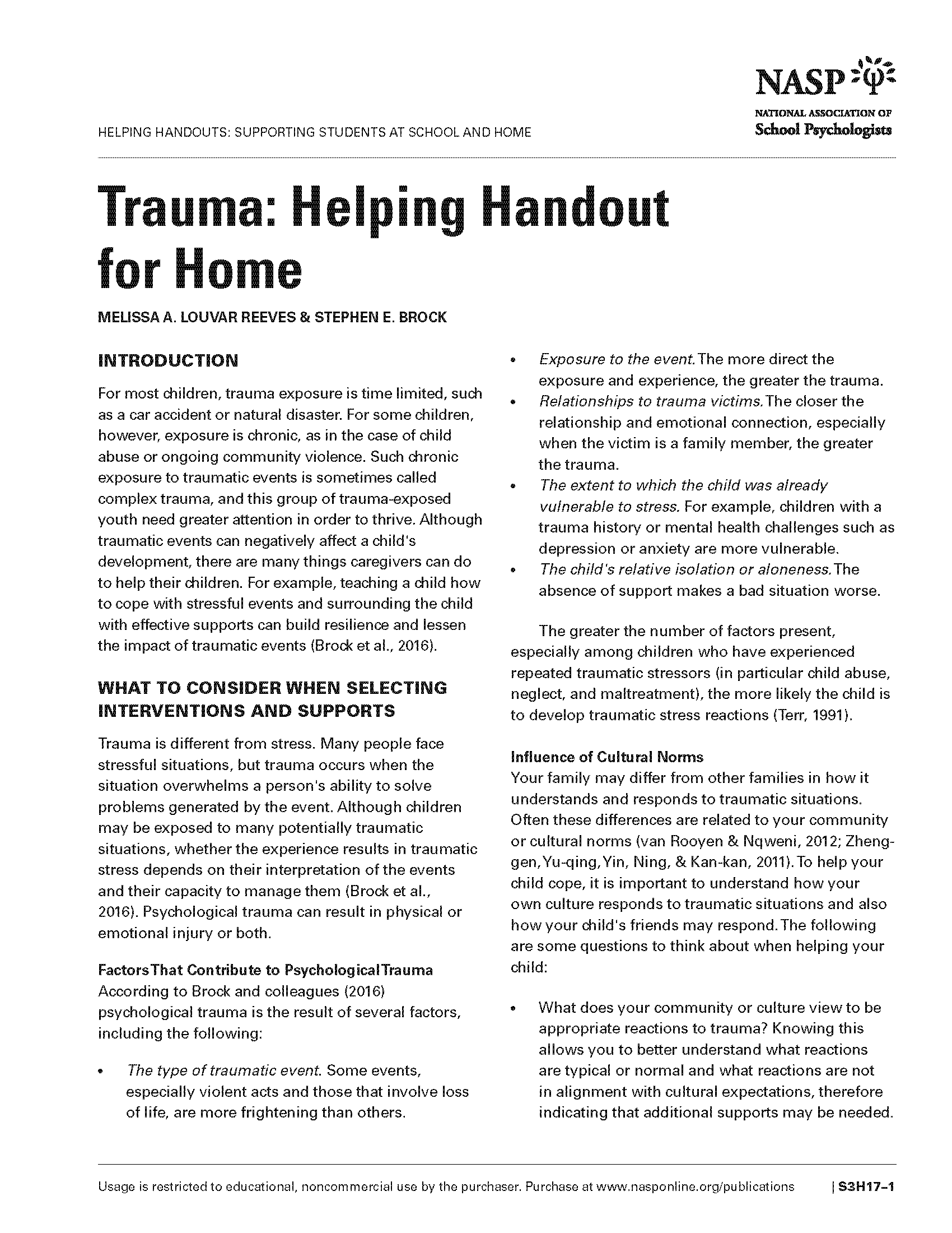 Trauma: Helping Handout for Home  
