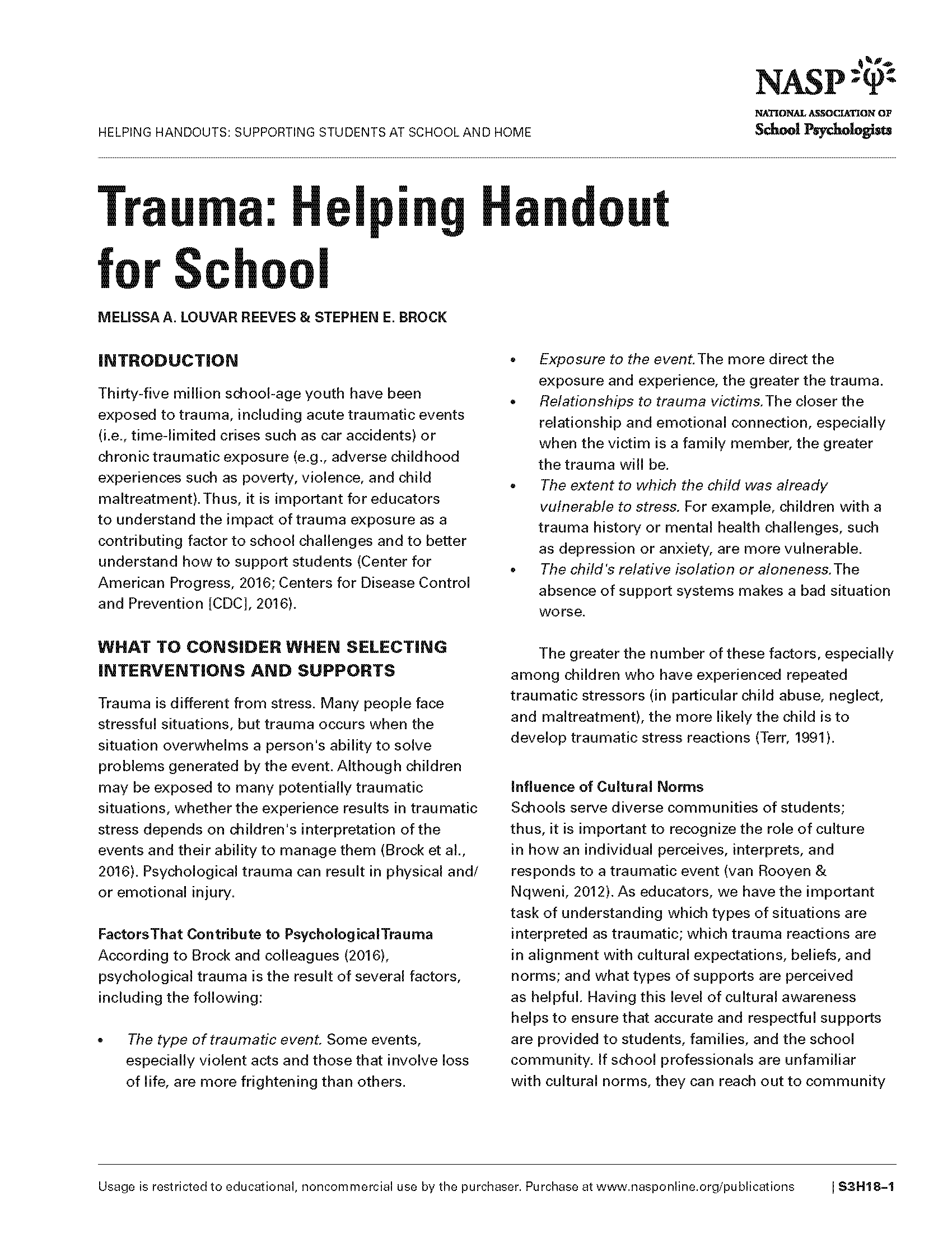 Trauma: Helping Handout for School   