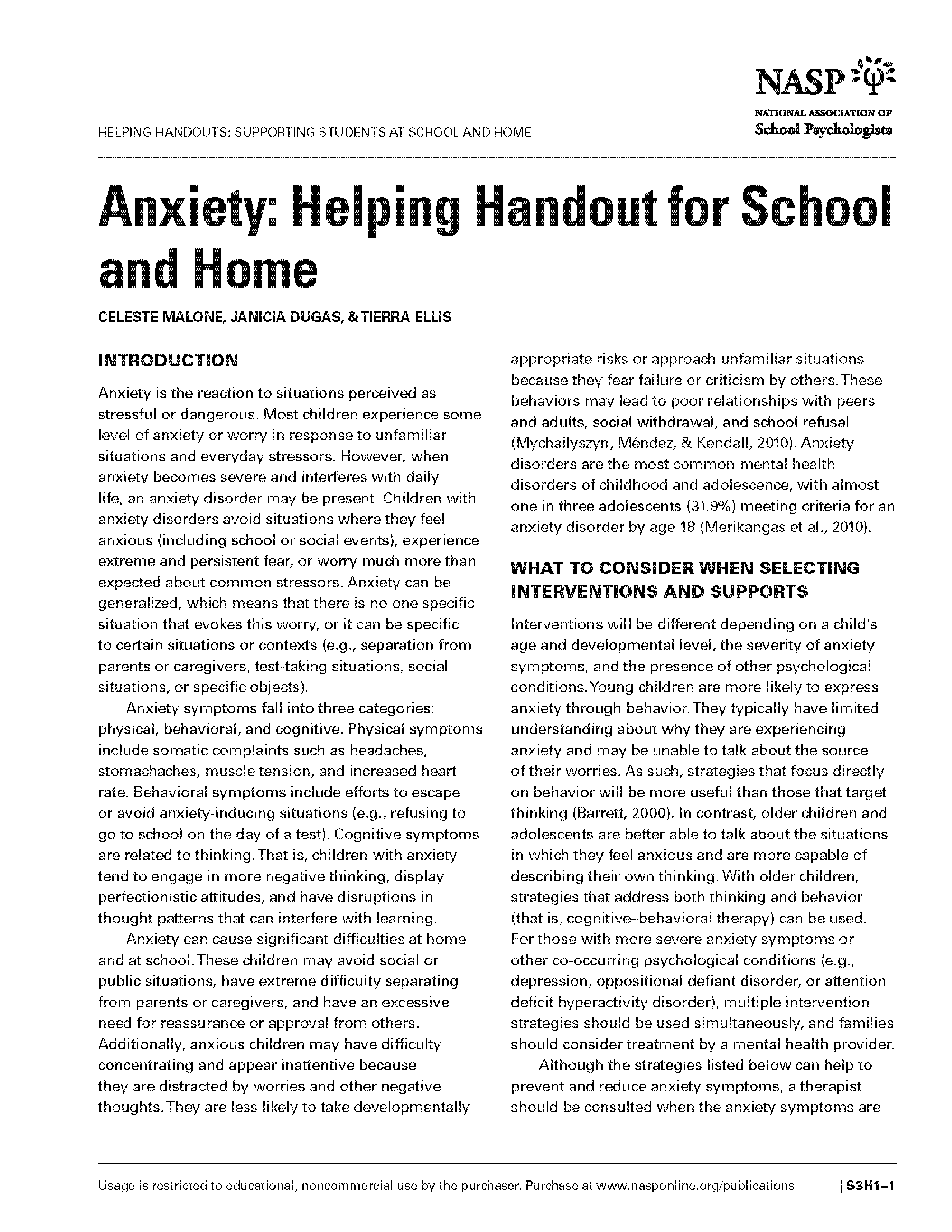 Anxiety: Helping Handout for School and Home