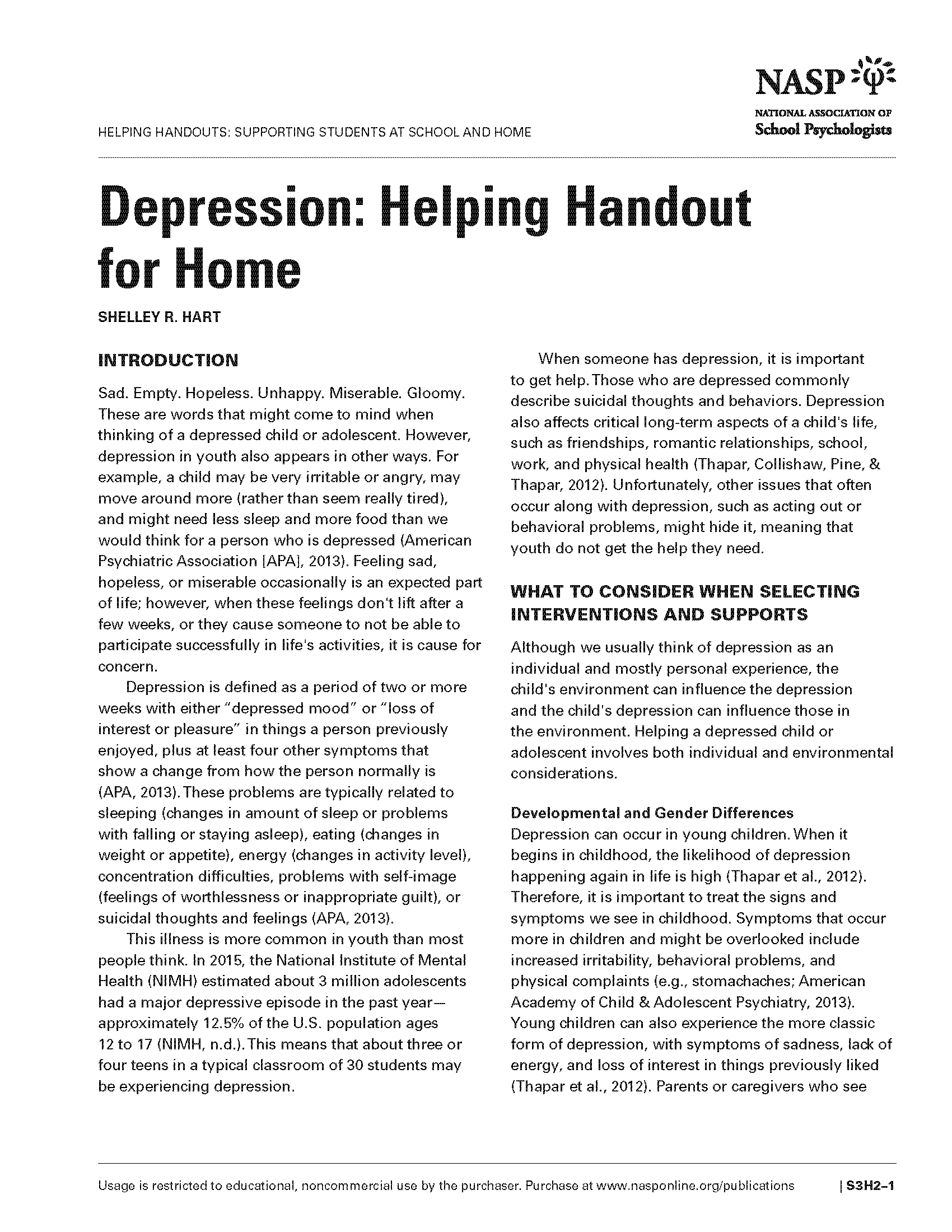 Depression: Helping Handout for Home