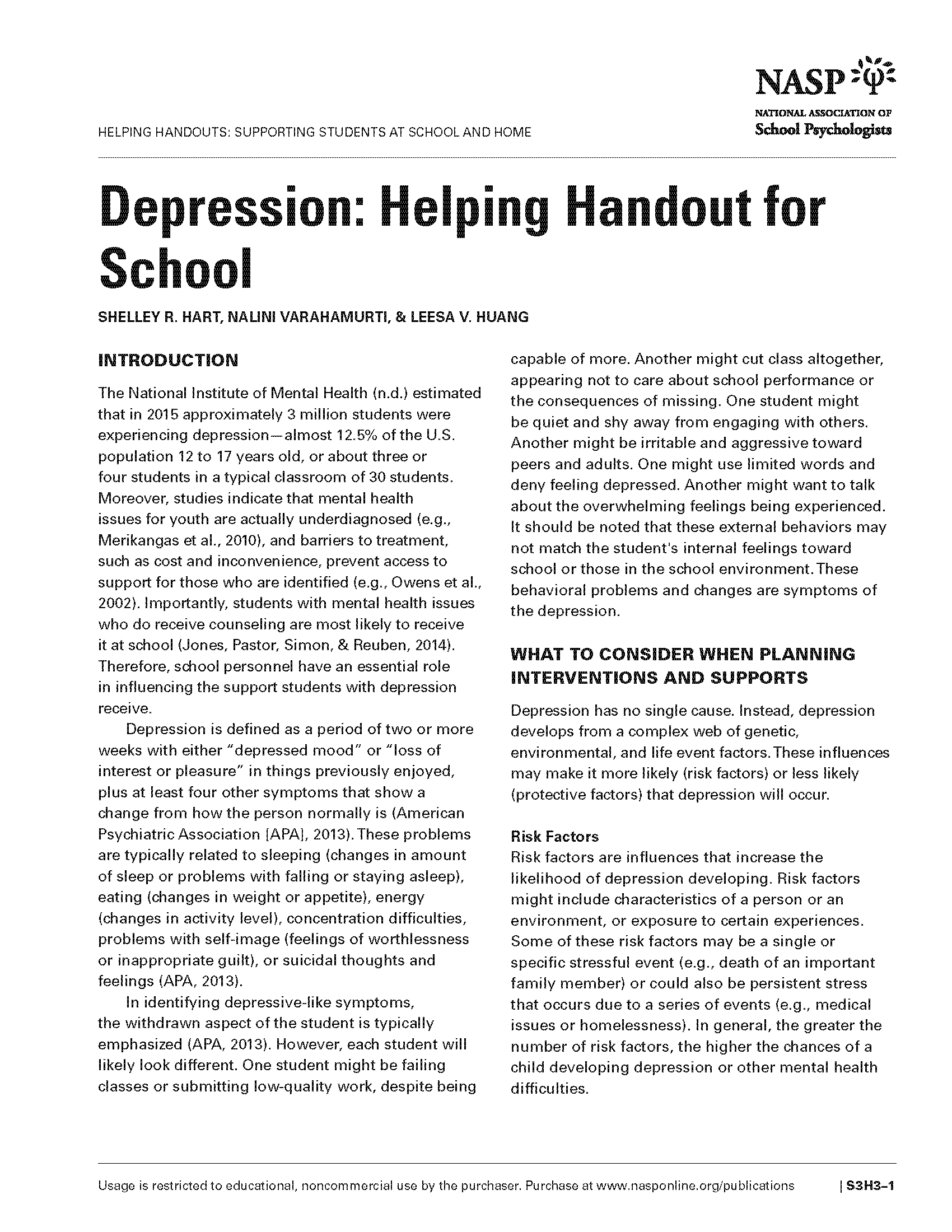 Depression: Helping Handout for School