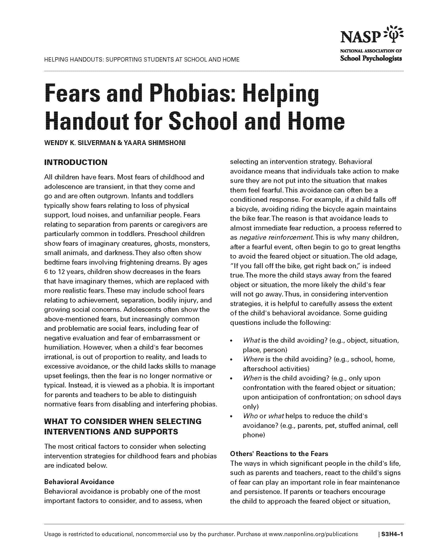 Fears & Phobias: Helping Handout for School and Home 
