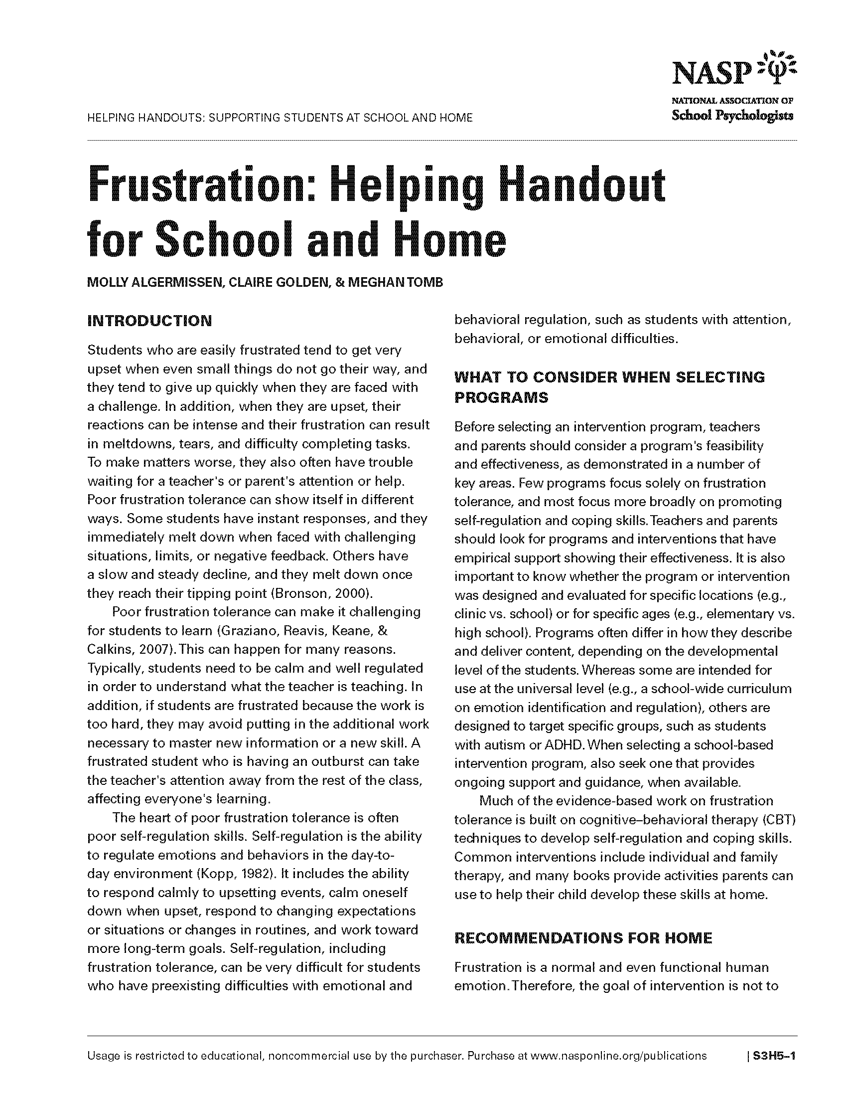 Frustration: Helping Handout for School and Home