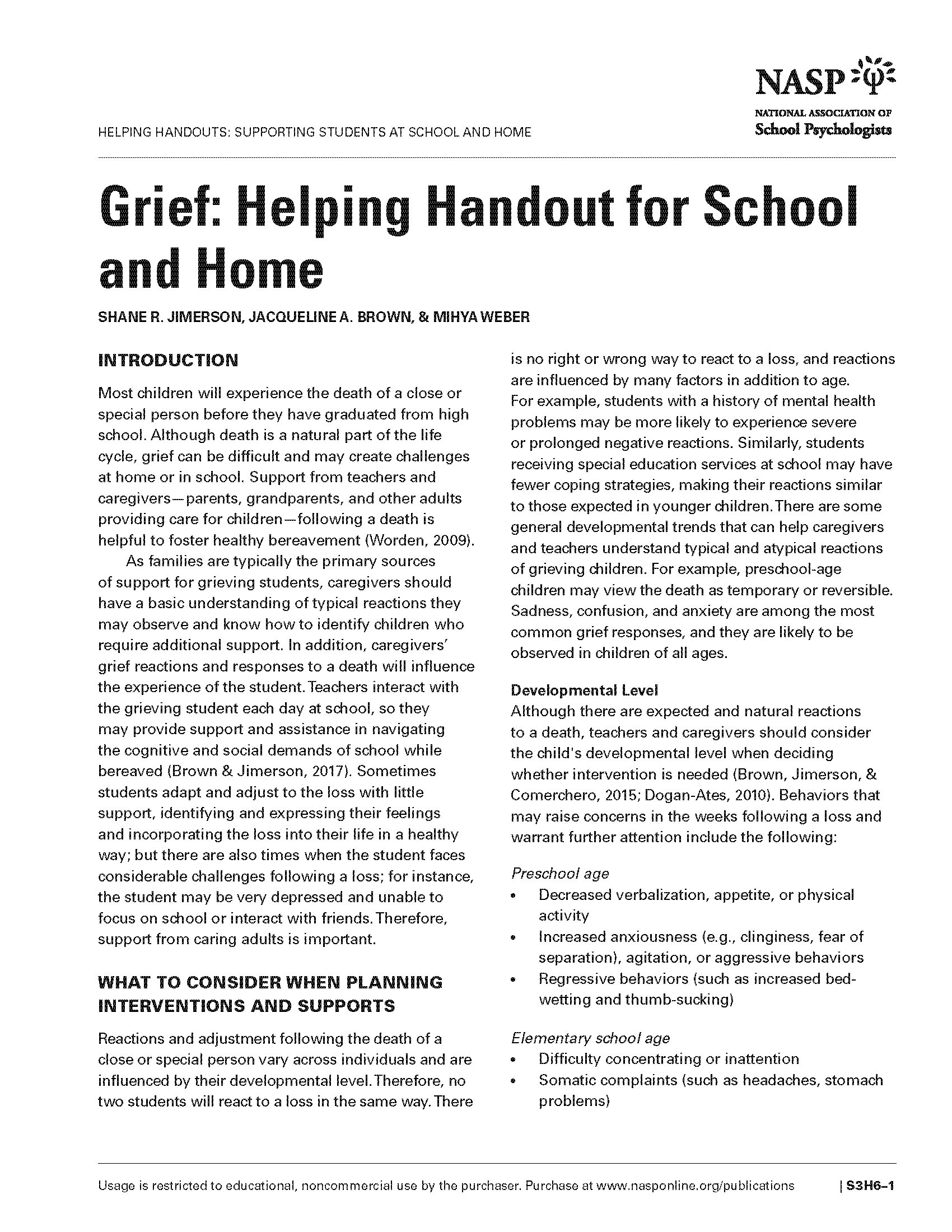 Grief: Helping Handout for School and Home
