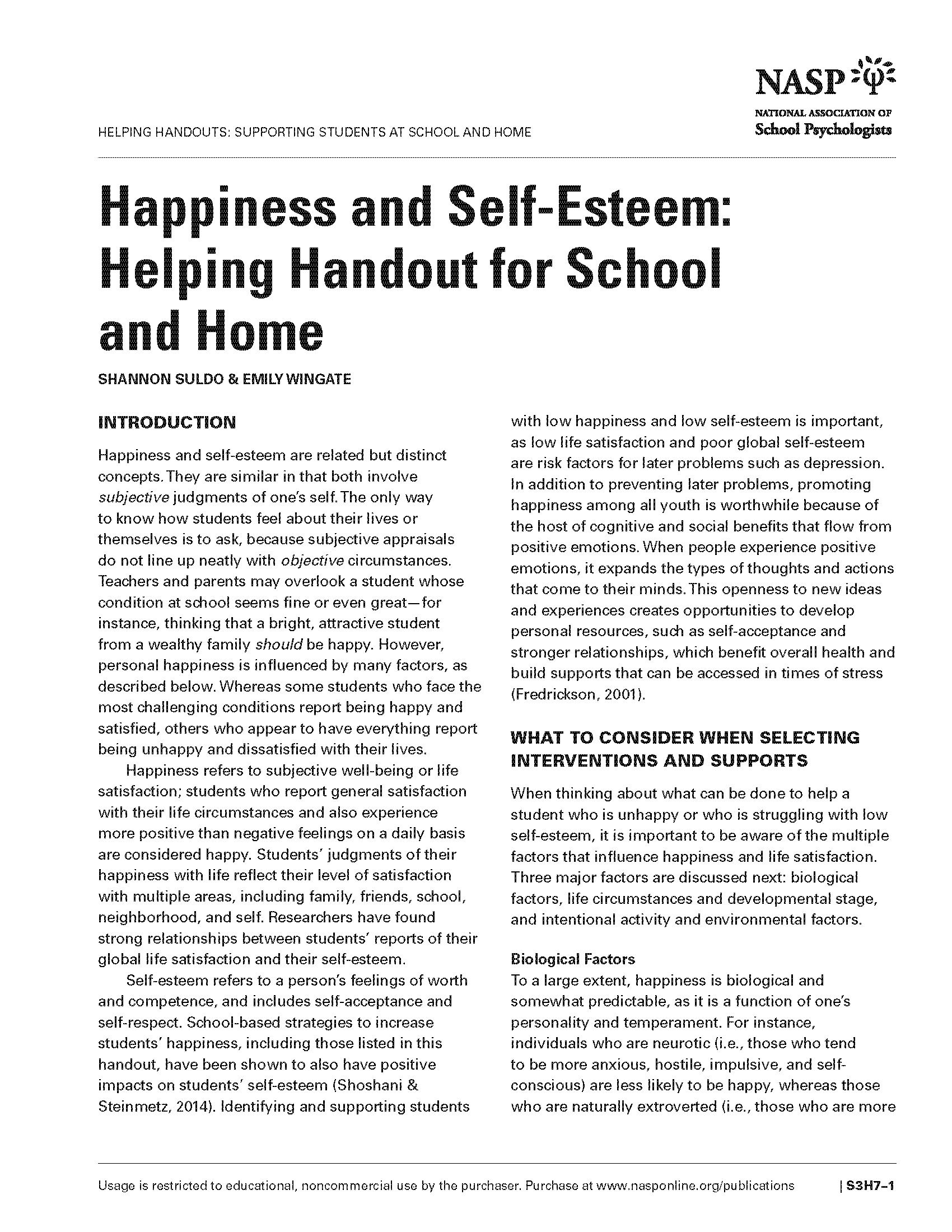 Happiness and Self-Esteem: Helping Handout for School and Home