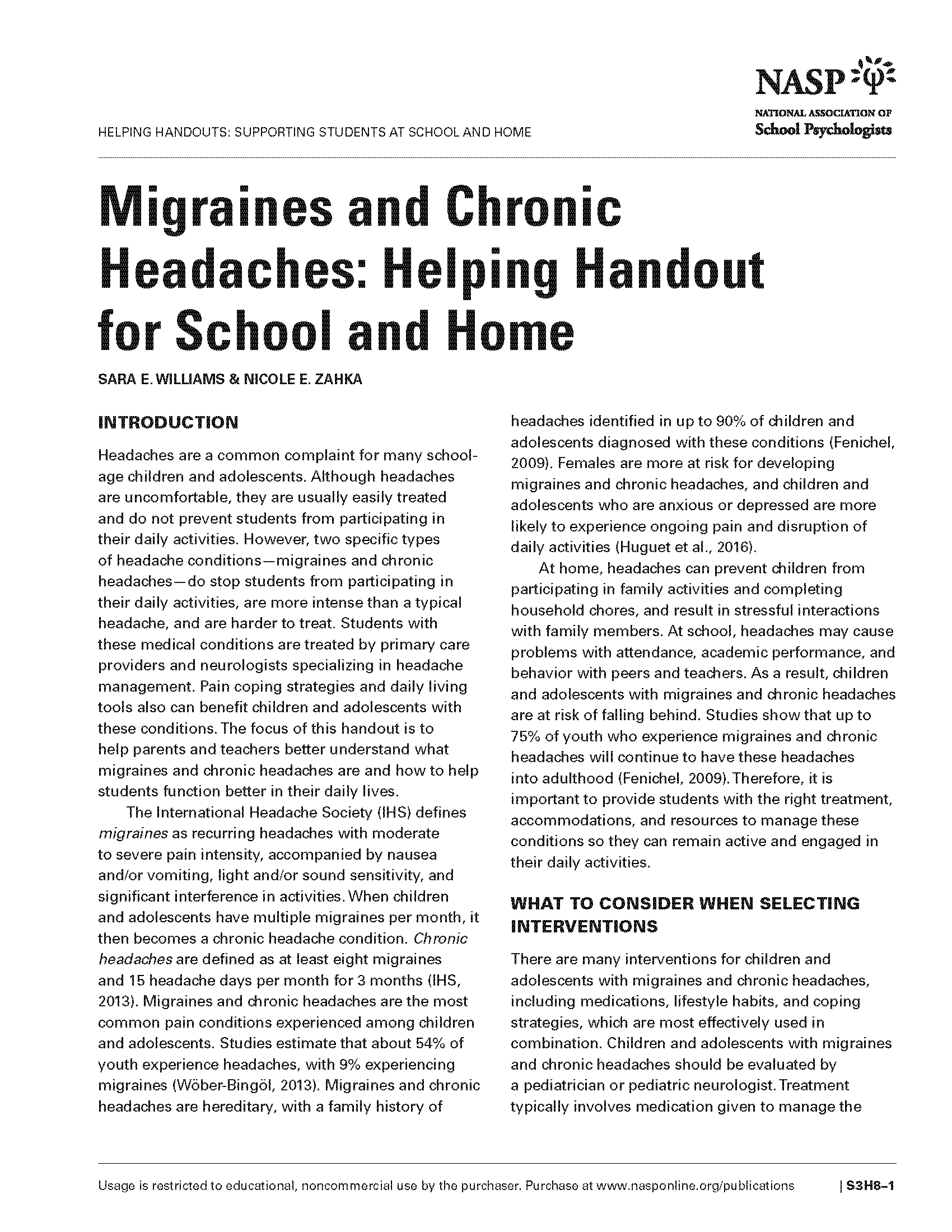 Migraines and Chronic Headaches: Helping Handout for School and Home