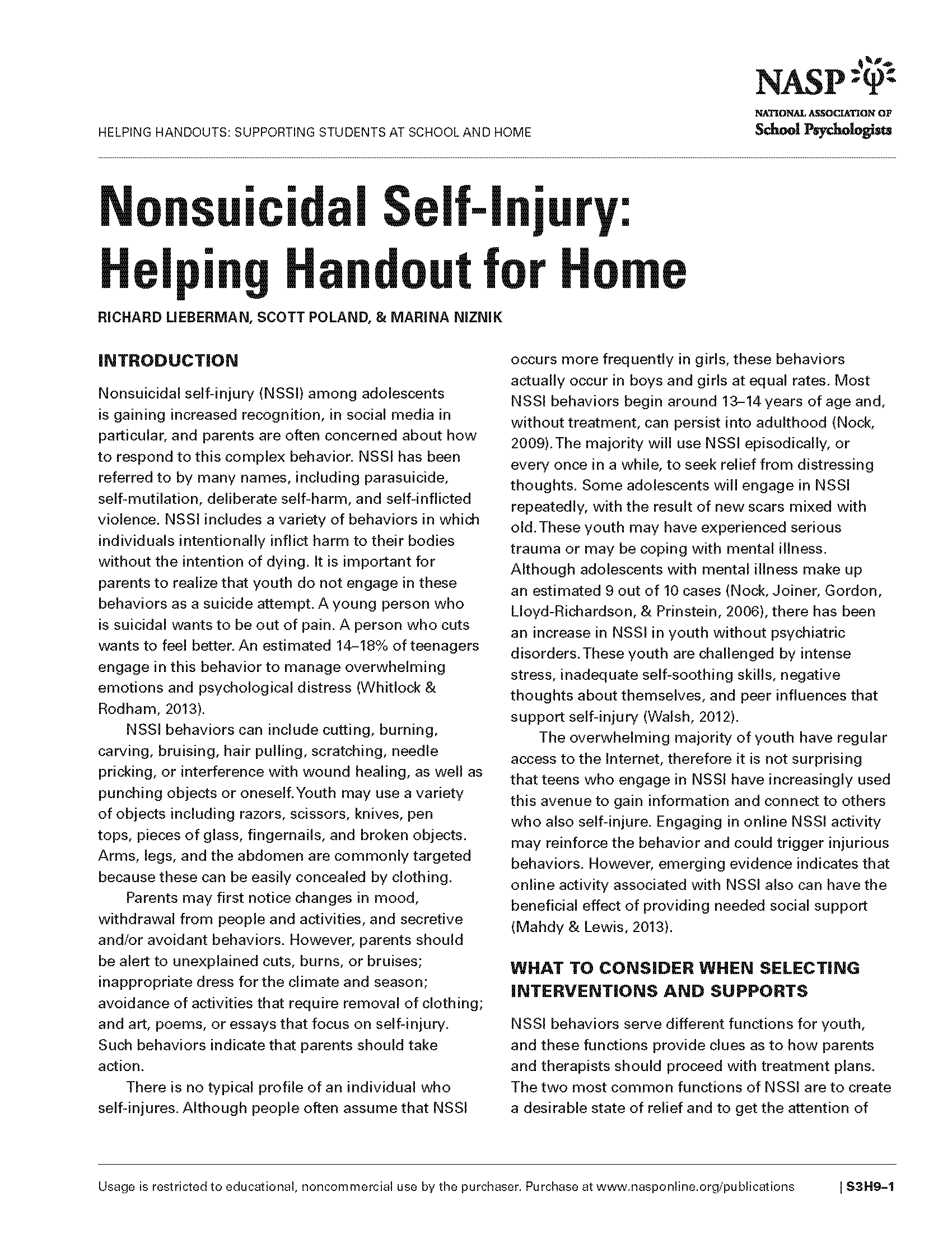Nonsuicidal Self-Injury: Helping Handout for Home