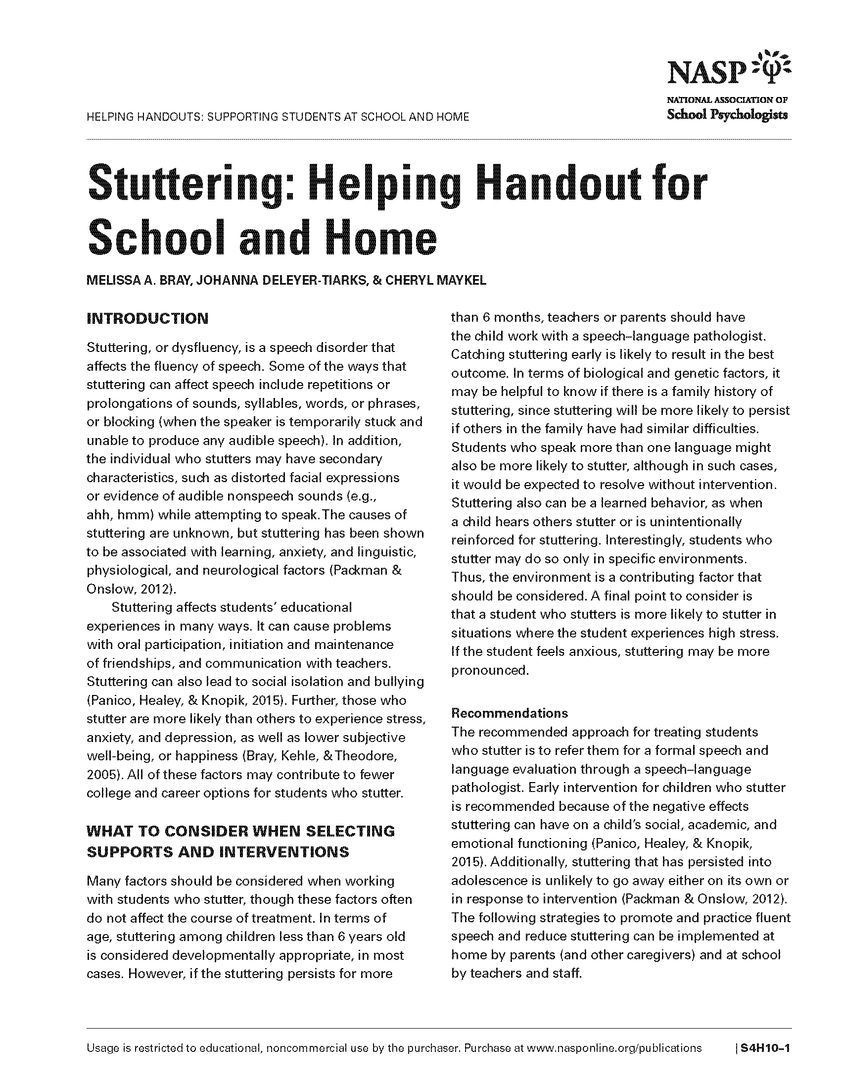 Stuttering: Helping Handout for School and Home