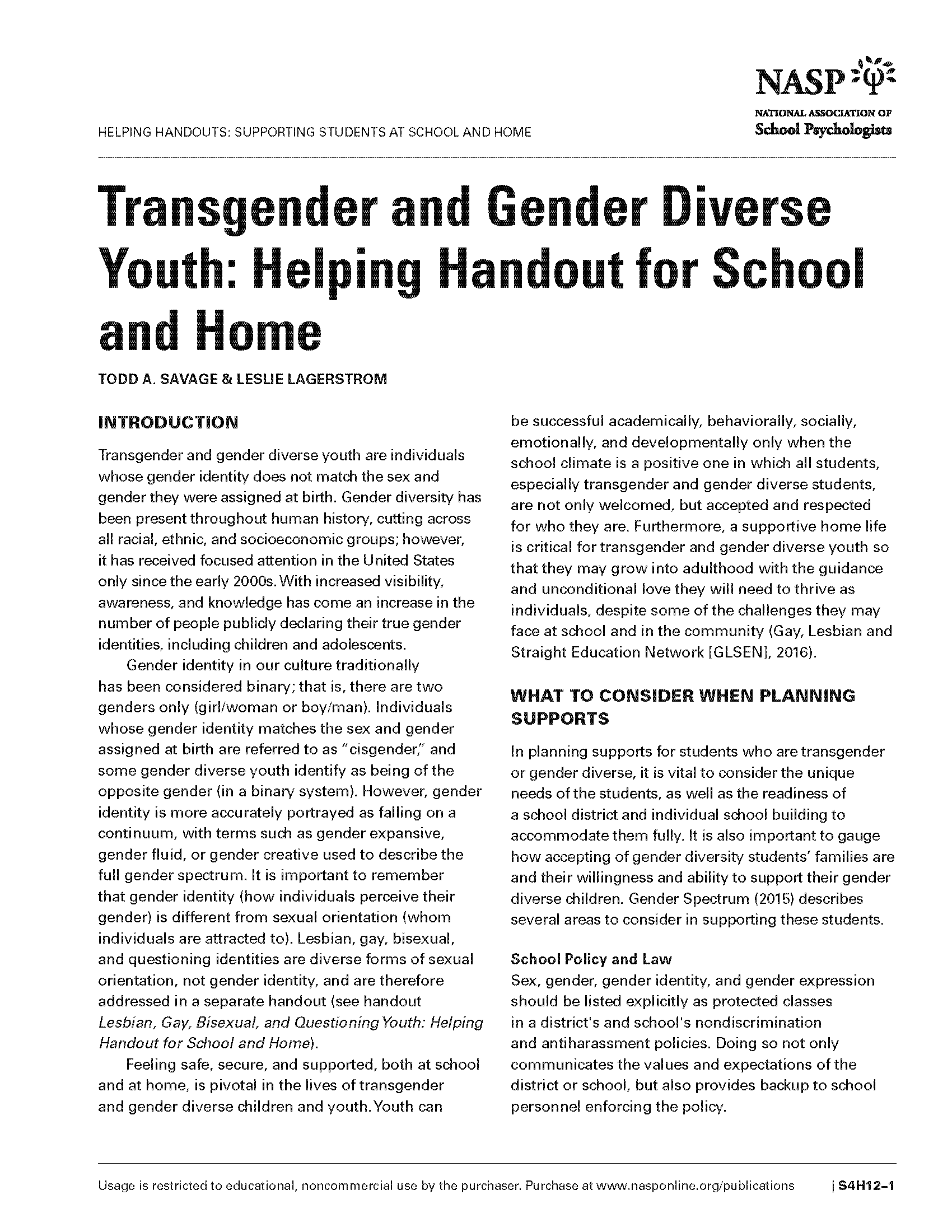 Transgender and Gender Diverse Youth: Helping Handout for School and Home