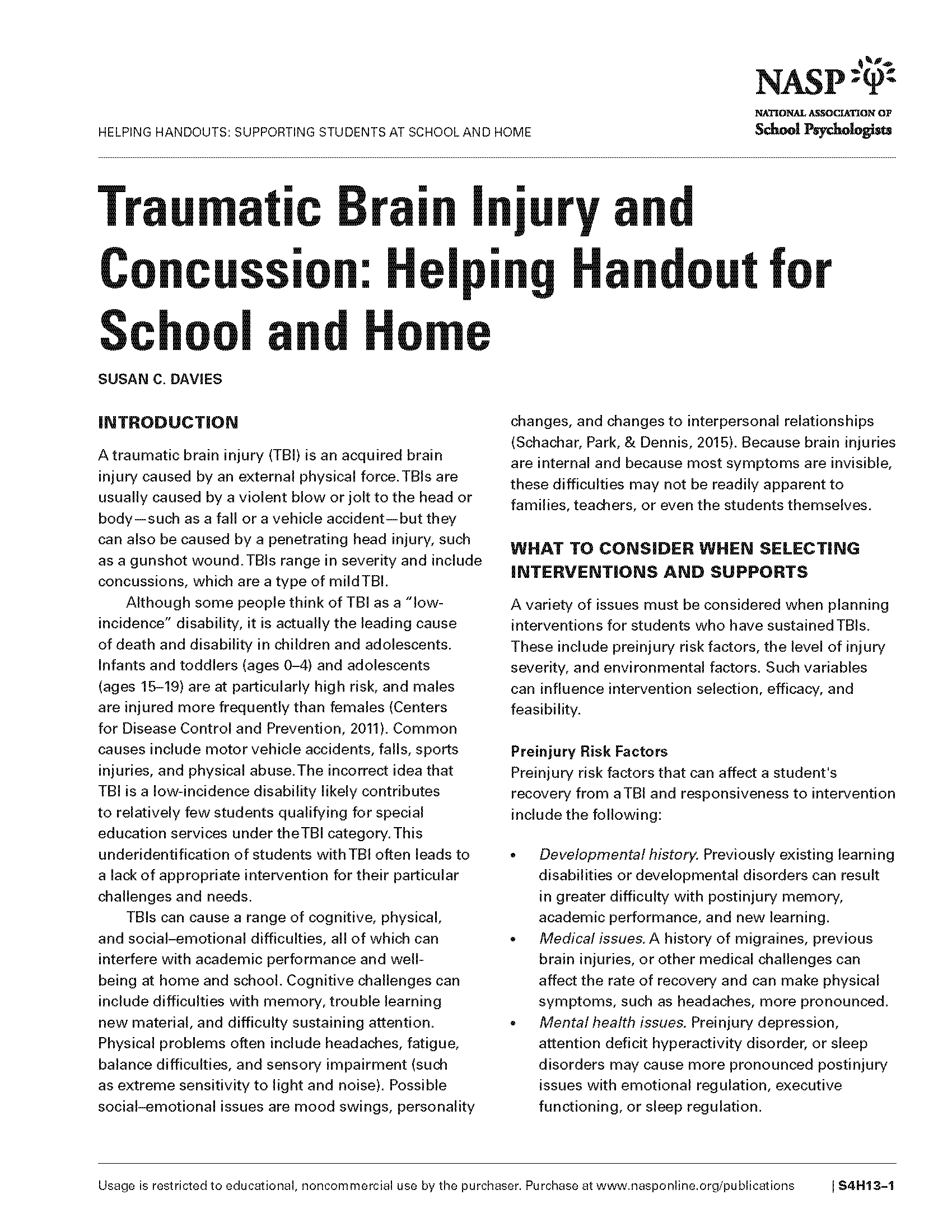 Traumatic Brain Injury and Concussions: Helping Handout for School and Home