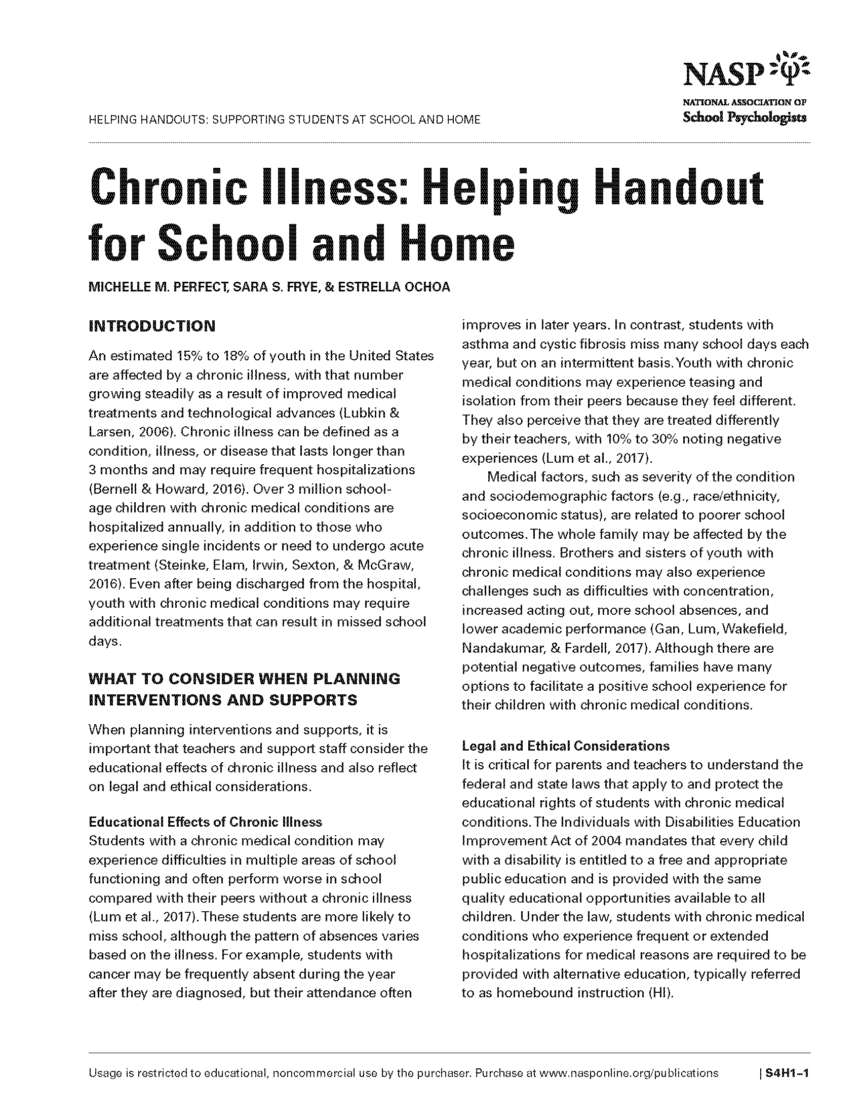 Chronic Illness: Helping Handout for School and Home 
